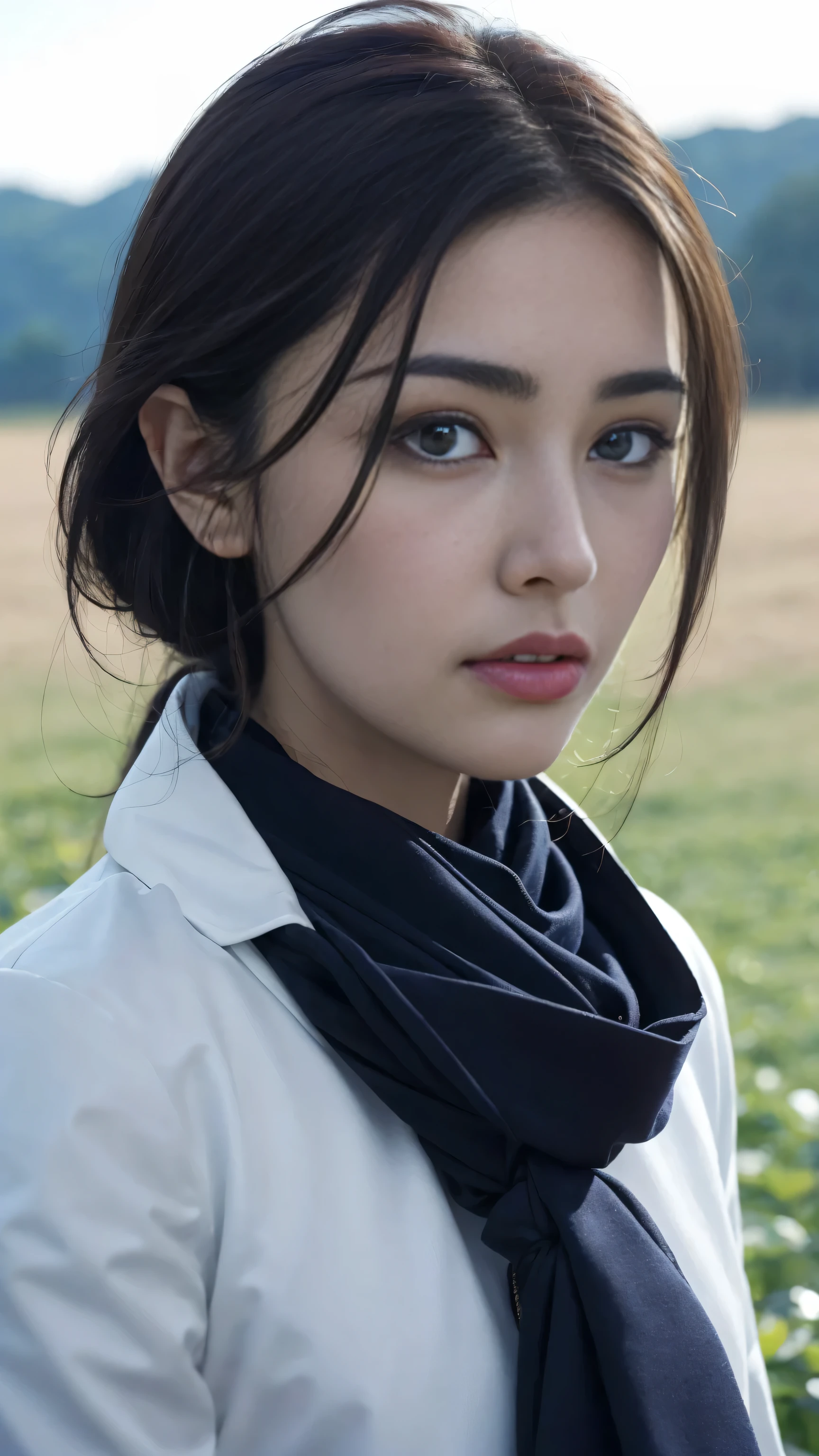 8k, best quality, masterpiece, actual, Super detailed, photo actual, Quality improvement, Photo of a girl wearing a scarf standing in a field, (脸部close up),Dark brooding designer style, many qualities, Photo display, calm face, jagged edges, navy, natural beauty, close up