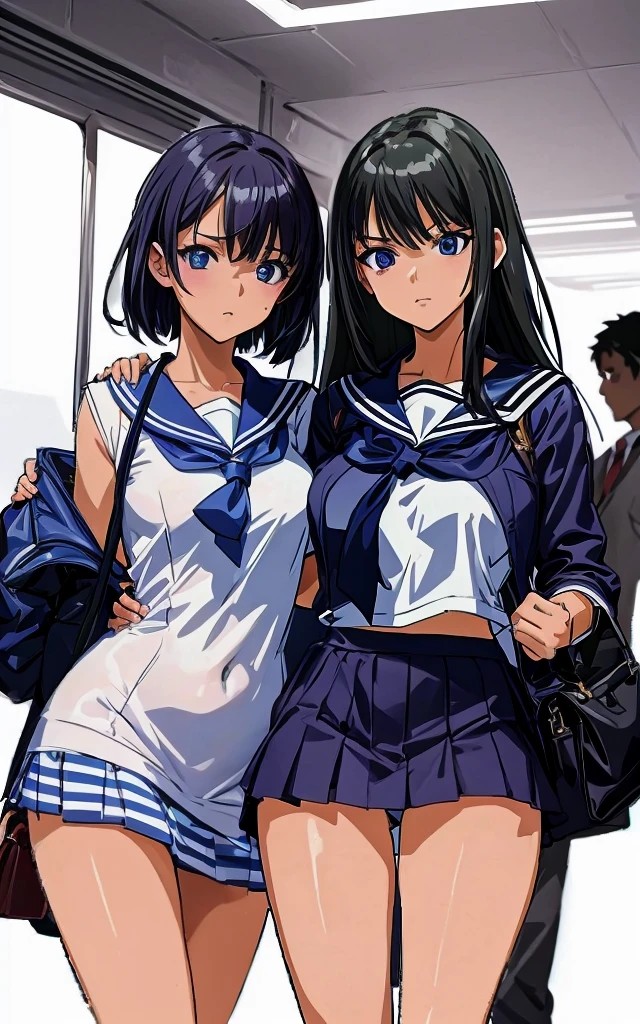 A beautiful woman with long black hair, big breasts, beautiful legs, and a sharp face is standing in a sailor suit with a white miniskirt, showing off her light blue and blue panties, and glaring at a middle-aged man in a suit on the train.。