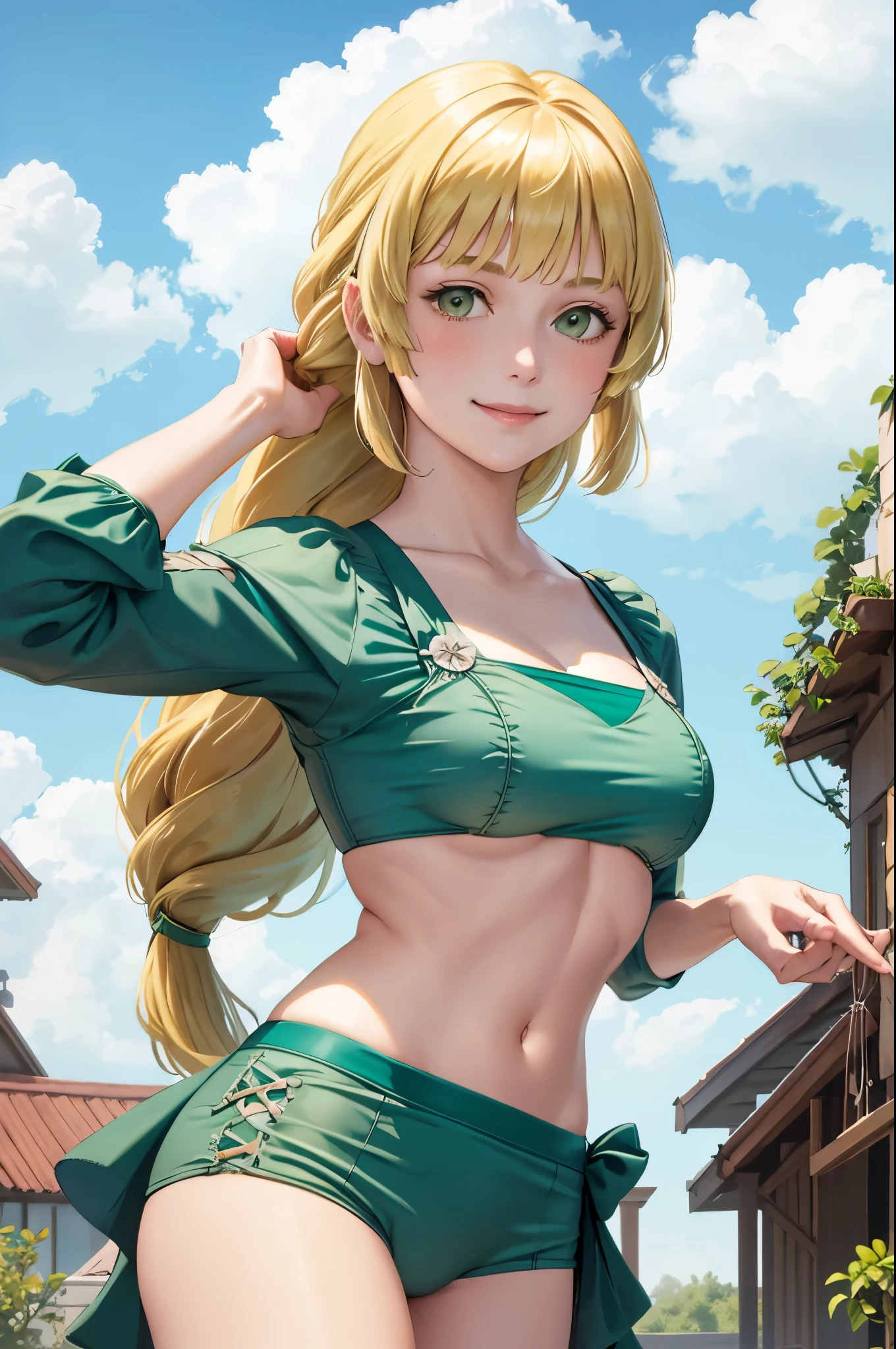 masterpiece, best quality,  defingrid, bangs, green swimsuit, green bikini, braided ponytail, looking at viewer, smile, garden, blue sky, clouds, upper body, cowboy shot, standing, 