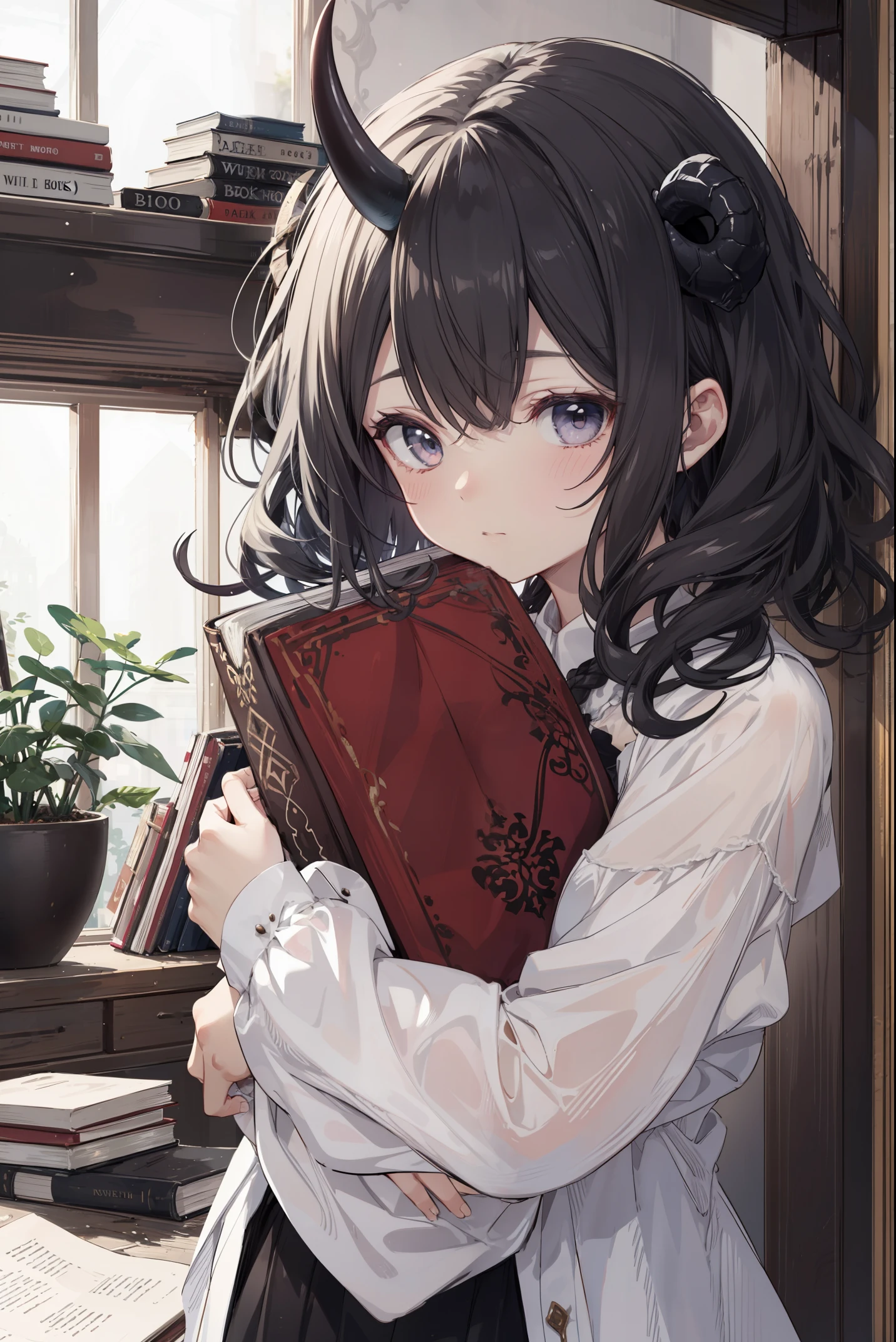 adorable cute demon,mold eye , curly hair, soft hair, cute bangs,big horn,soft and fluffy black and white, hugging book, adorable, detailed