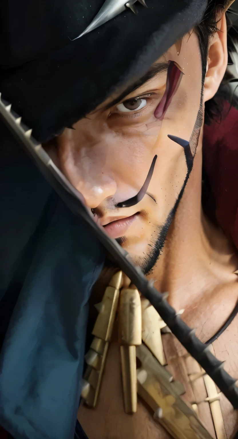 (masterpiece), (realistic), (ultra detailed), ( high reest quality), (photorealistic), (perfect face), (perfect anatomy), (((man))), (((male))), (((Spaniard))), (((30 years old))), (((muscular))), (((solo))), dracule mihawk from one piece, dracule mihawk, (((spiky hair))), black mustache, black beard,his facial expression was angry