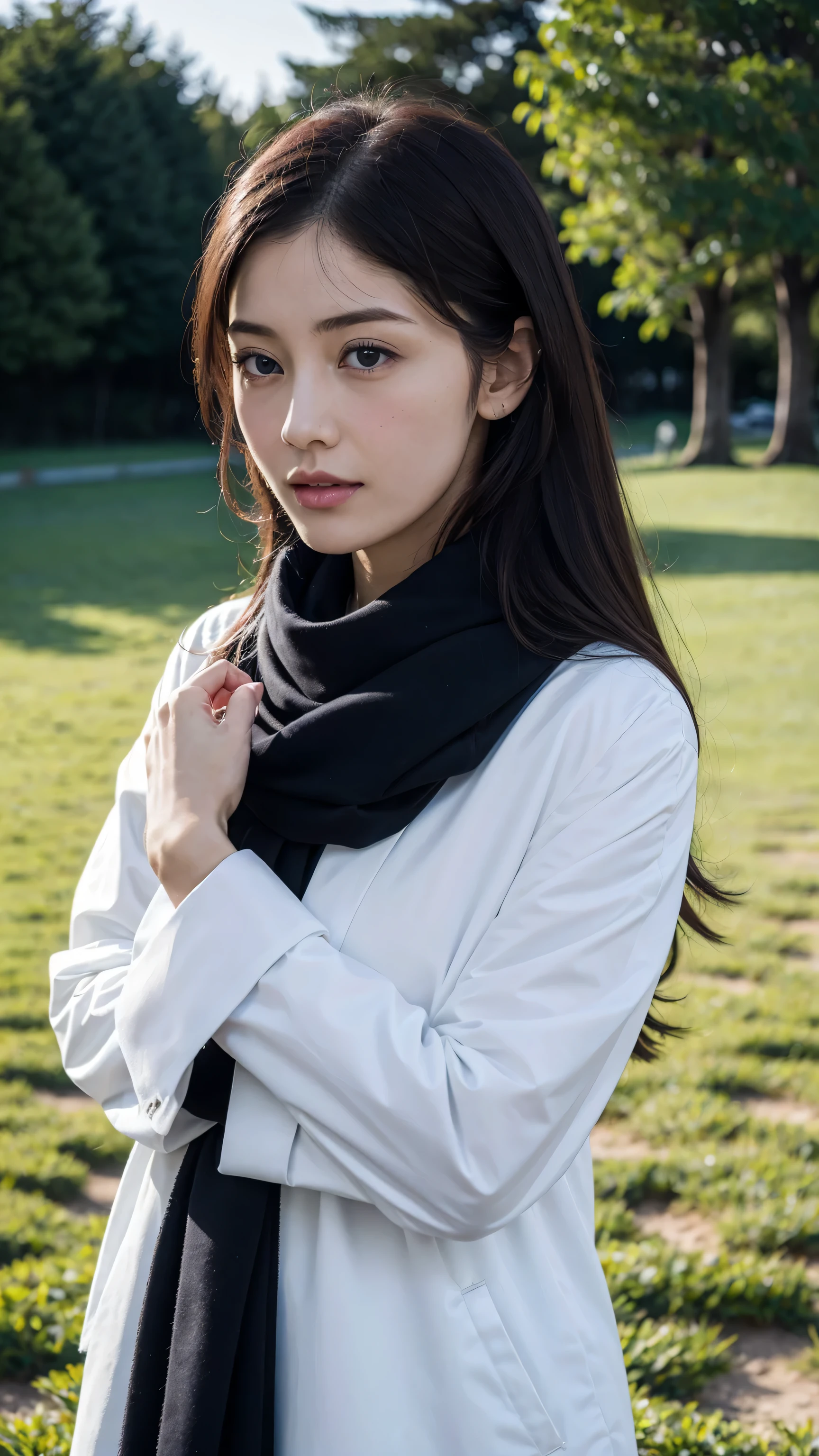 8k, best quality, masterpiece, actual, Super detailed, photo actual, Quality improvement, Photo of a girl wearing a scarf standing in a field, Dark brooding designer style, many qualities, Photo display, calm face, jagged edges, navy, natural beauty, close up