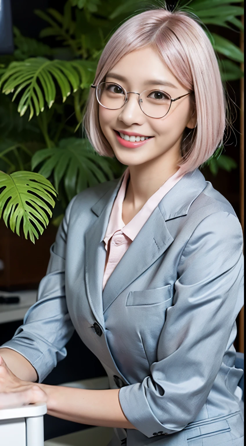 ((highest quality、8K、master pee:1.3、Being in the company、desk、computer、document、office casual uniform、accessories、Foliage plant、Thin silver-rimmed glasses、((Pink short bob hair:2、side shot))、from the knees up))、1 girl、slim beauty:1.3、super detail face、delicate eyes、double eyelid、smiling face、Full body Esbian、tanned skin、20-year-old、beaver、erotic、sensual look、stare、