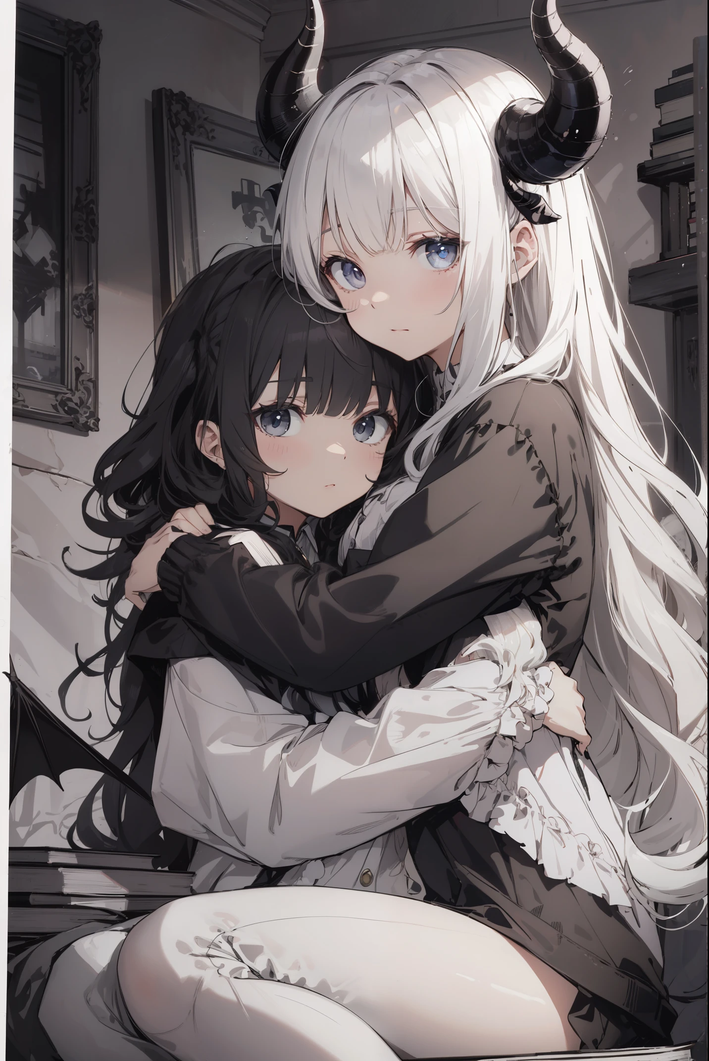 adorable cute demon,mold eye , curly hair, soft hair, cute bangs,big horn,soft and fluffy black and white, hugging book, adorable, detailed