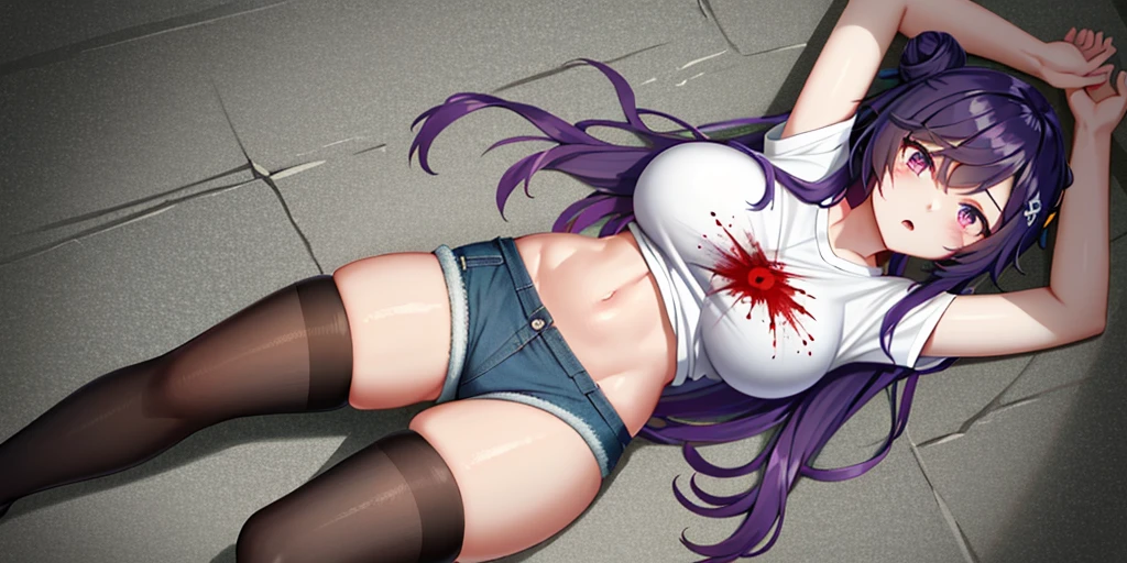 (Lie on the ground:1.2), (masterpiece, highest quality, super detailed), Keqing \(genshin impact\), (purple hair), corn hair bun hair, twin tails, long hair, flowing bangs, Braid, Braided bangs, purple eyes, pink eyes, ((Killed)), ((From above)), (cinematic lighting), dutch angle, ((Sea of Blood)), ((Bloody Body)), (rape face), (Put your arms on the ground), ((bloody ground)), (((horror))), (wearing a t-shirt:1.2), denim shorts, black stockings, classroom, board, class board, big breasts, thick thighs, crop top,