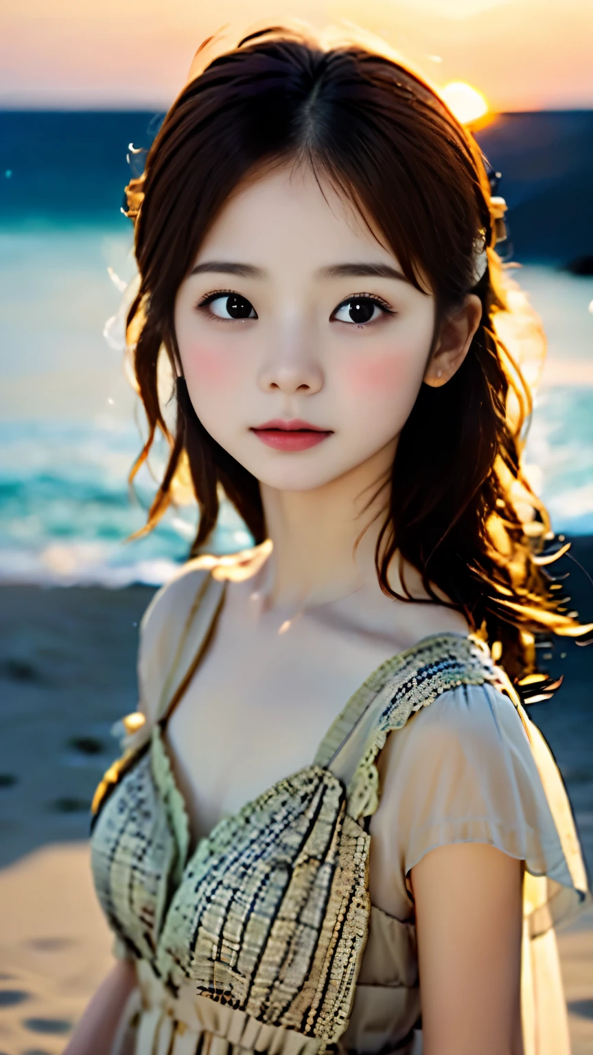 one girl、small face、cute face、brown hair:1.5、tie hair、Camera gaze、small breasts、An ennui look、(((camisole、dress)))、particles of light、Sunset Sea、calm sea、white sand beach、Very beautiful sunset、RAW photo、highest quality、High resolution、high resolution、master piece:1.3、8k、12k、professional photographer、