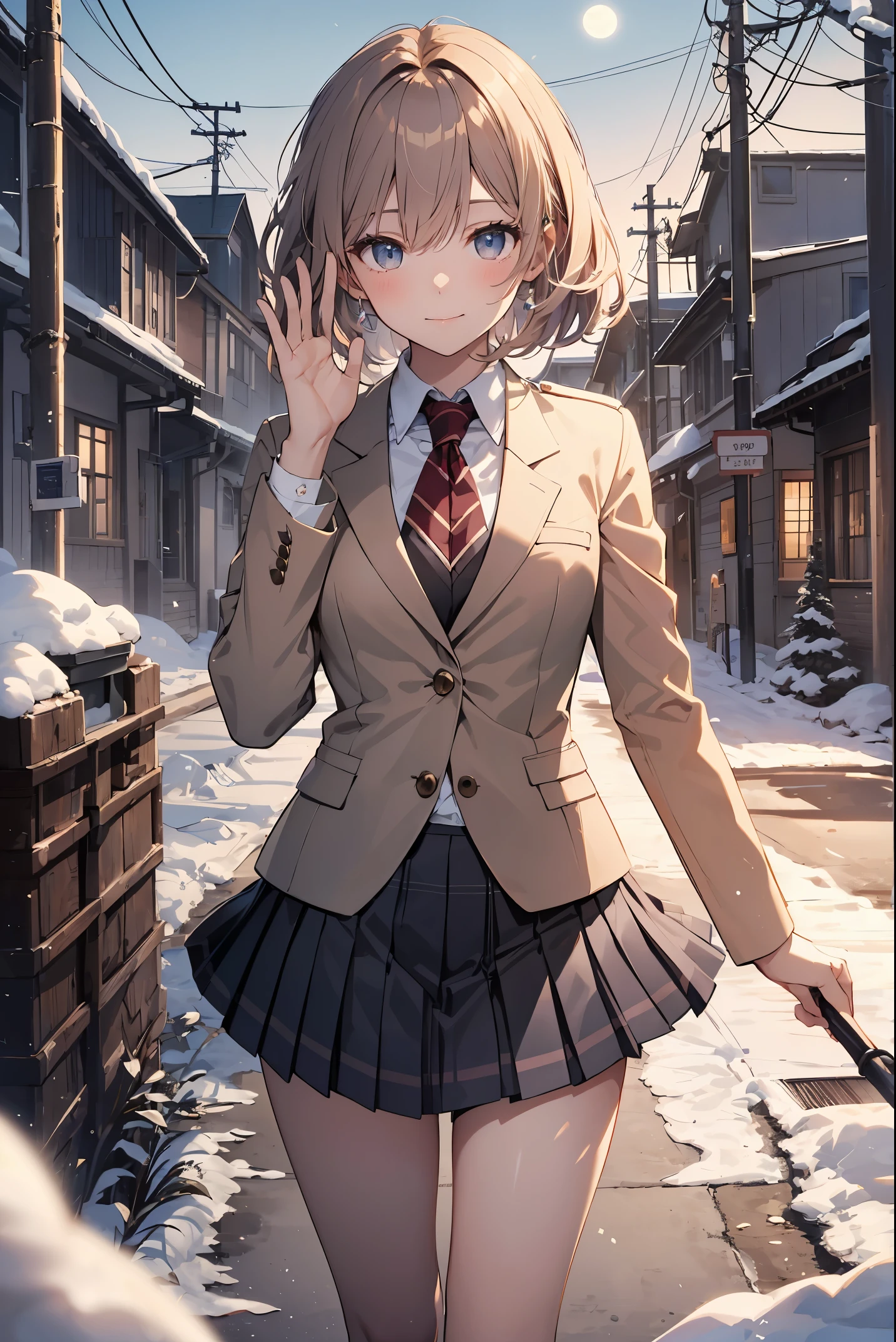 (superlative quality work by the Creator God: 1.4), (absolute resolution: 1.4), (greatest masterpiece by the God of Arts and Sciences: 1.4), (intricate, meticulously detailed and realistic materials and textures and light sources: 1.3), (perfect anatomy: 1.2),

BREAK.

This illustration features a [((cute))):1.3] girl with [((pink))):0.9] hair in a one-length braided bob cut short hair. She is wearing a uniform from a well-known school where blazers are popular, with a deep gray blazer, white piping, and a fresh blue checked skirt. She is drawn to evoke realistic fabrics and textures, and the buttons on her blazer and pleats on her skirt are finely rendered. She is smiling and waving at the camera. The background is the school gate of her school, covered with [((white)):0.9] snow. The sky is [((blue)):0.9] clear and the moon is shining. This illustration shows the contrast and wonder of spring and winter.

BREAK

(Depth of field: 1.4), looking at the viewer, ((perfect pixels, 8K wallpaper )), one girl, single, alone, reincarnated appearance of Aphrodite, goddess of beauty, beauty of the highest order,

BREAK

Aphrodite's reincarnated appearance as a goddess of beauty, immense beauty, BREAK, super exquisite skin, (best lighting by a famous artist: 1.2), (charming poses acting instruction by a very famous master: 1.4), cute illustrations.