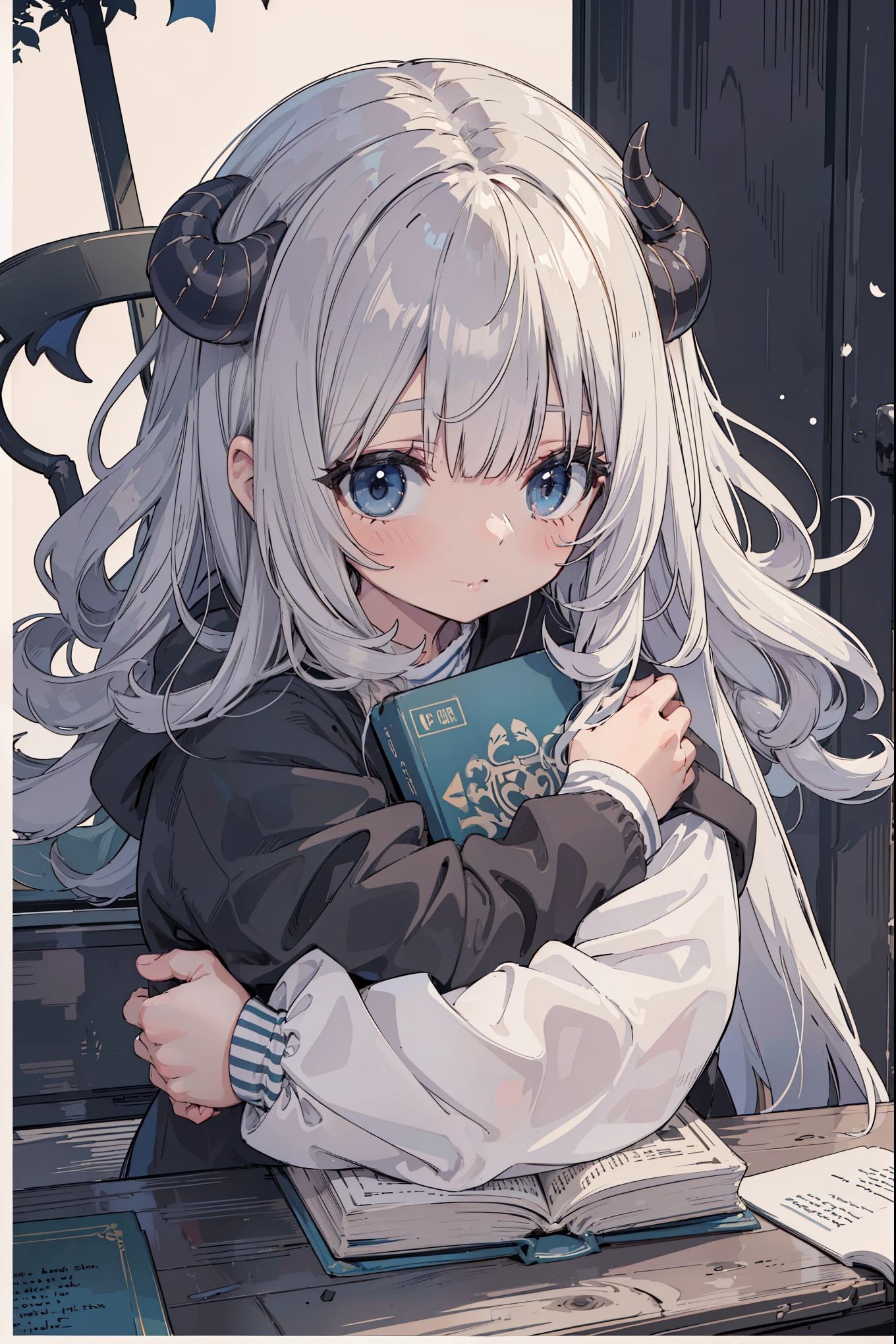 adorable cute demon,mold eye , curly hair, soft hair, cute bangs,big horn,soft and fluffy black and white, hugging book, adorable, detailed

