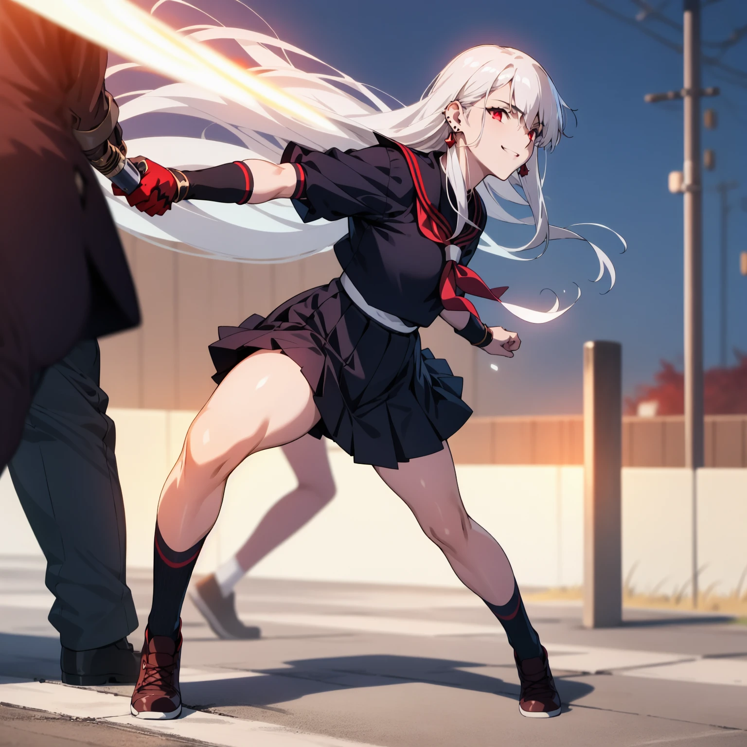 sukeban illyasviel_von_einzbern, mature_female, silver hair, holding yoyo, combat pose, full body, flowing hair, hair between the eyes, asymmetrical hair, red eyes, delicate facial features, sukeban deka clothe, looking_at_viewer, outdoors, background tokyo, ((solo, solo focus, solo girl,1girl))+++++,woman in a 80's sukeban seifuku standing on a set of strees, black school uniform, 80's japanese sukeban photo, sukeban seifuku,  80's japan, sukeban, long black skirt, red converse, full body, light skin tone female, full body, tape, arm_support, gloves, red_gloves, bridal gauntlets, blackred_footwear, fighter outfit, full body, hourglass, mature face, cheeky smile, cheeky face, wrinkles,( silver long hair, earrings, ear piercings), realistic, (fighting art, Martial arts, standing, fighting_stance, fight, fighting), extra colors, 2D, megapixel, perfectionism, accent lighting, full HD , 4K, masterpiece, empty red eyes