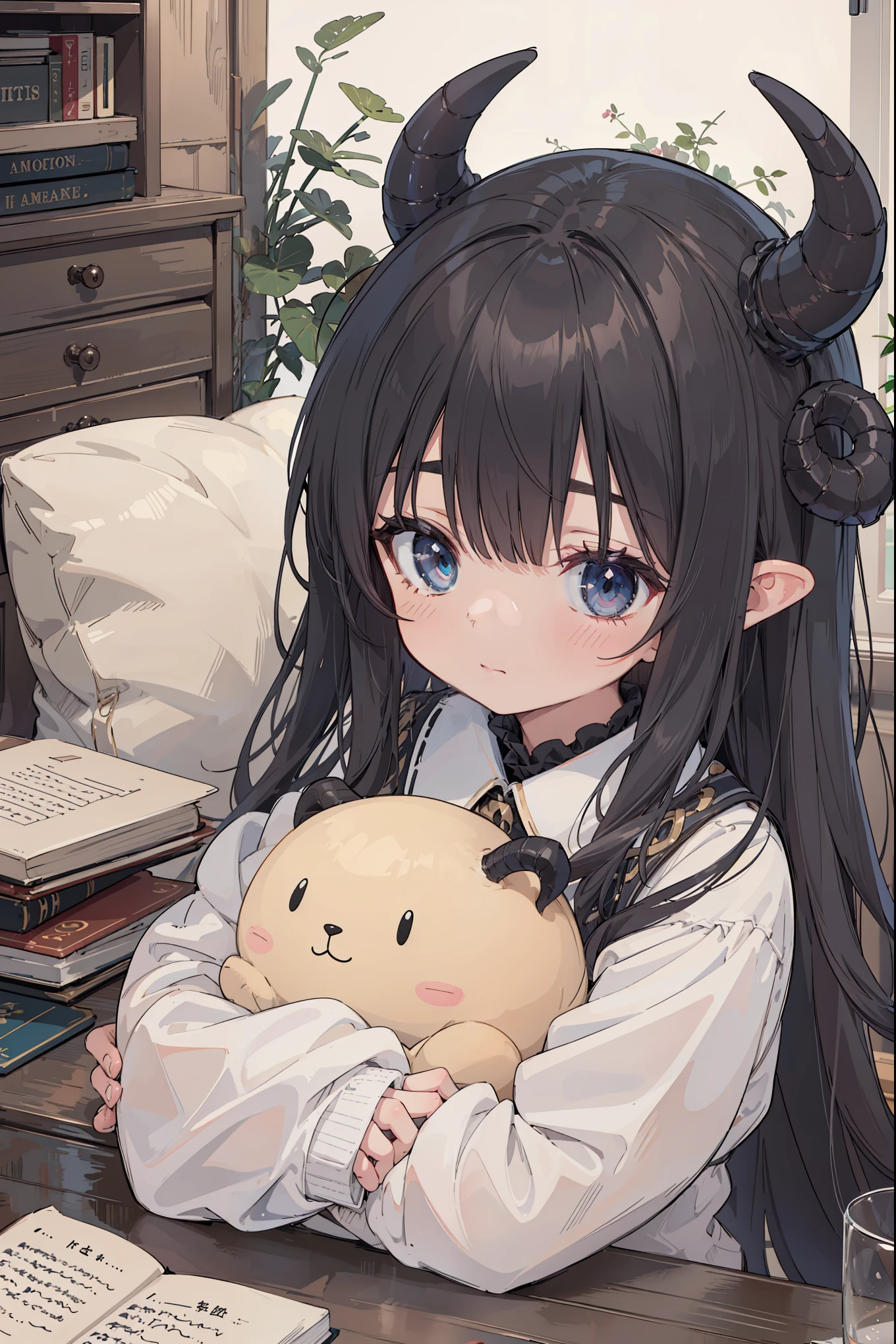 adorable cute demon,mold eye , curly hair, soft hair, cute bangs,big horn,soft and fluffy black and white, hugging book, adorable, detailed