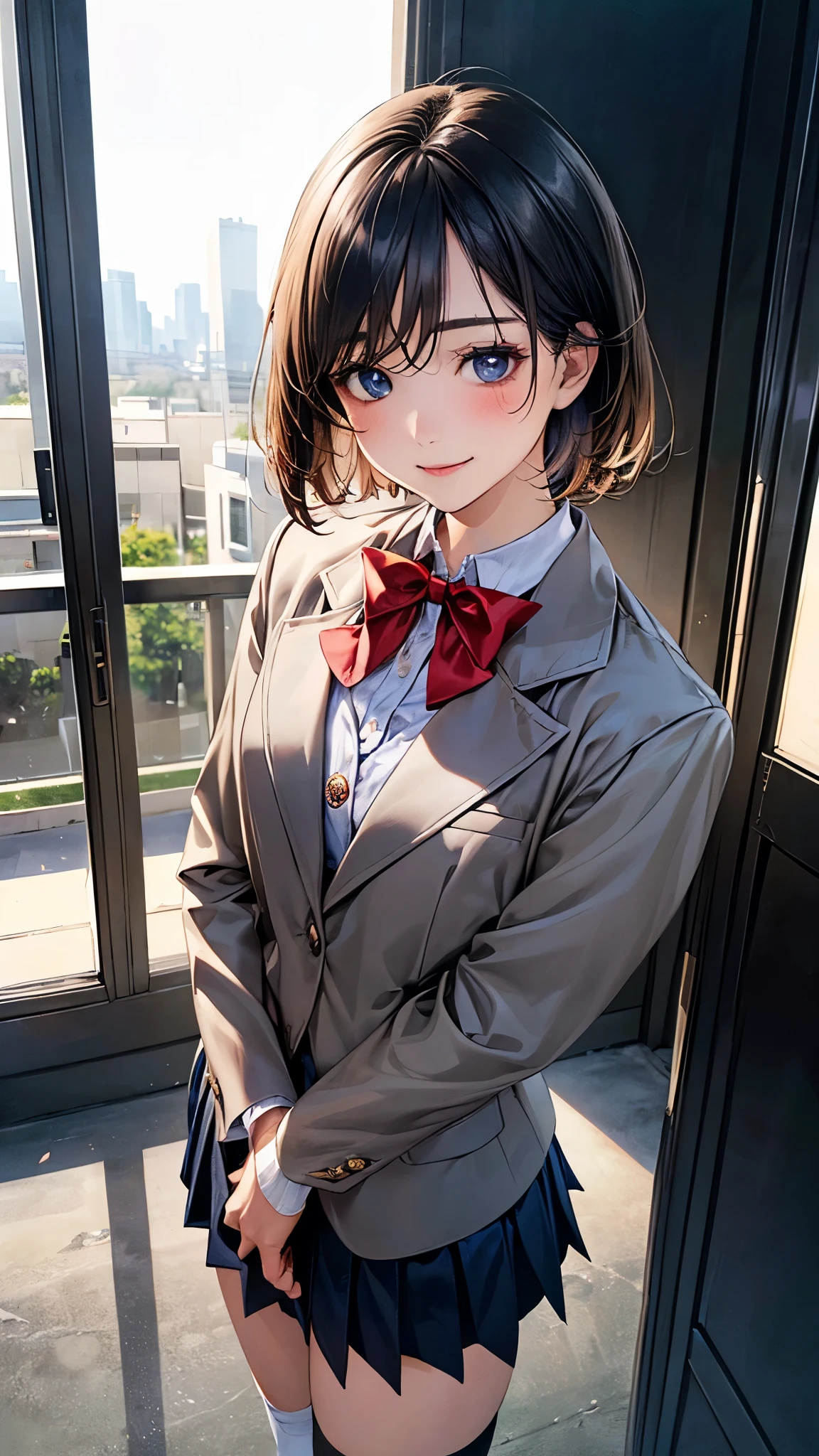 (masterpiece:1.2, top-quality), (realistic, photorealistic:1.4), beautiful illustration, (natural side lighting, movie lighting), nsfw, 
looking at viewer, cowboy shot, front view:0.6, 1 girl, japanese, high school girl, perfect face, cute and symmetrical face, shiny skin, 
(short hair:1.5, lob:1.5, black hair), parted bangs, blue eyes, long eye lasher, (large breasts:0.6), 
beautiful hair, beautiful face, beautiful detailed eyes, beautiful clavicle, beautiful body, beautiful chest, beautiful thigh, beautiful legs, beautiful fingers, 
(((dark grey jacket, red bow tie), white collared shirts, lapislazuli pleated mini skirt, navy socks, brown loafer)), 
(beautiful scenery), evening, class room, school, standing, hands between legs, (lovely smile, upper eyes), 