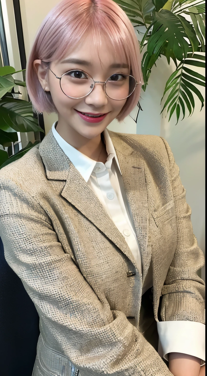 ((highest quality、8K、master pee:1.3、Being in the company、desk、computer、document、office casual uniform、accessories、Foliage plant、Thin silver-rimmed glasses、((Pink short bob hair:2、side shot))、from the knees up))、1 girl、slim beauty:1.3、super detail face、delicate eyes、double eyelid、smiling face、Full body Esbian、tanned skin、20-year-old、beaver、erotic、sensual look、stare、