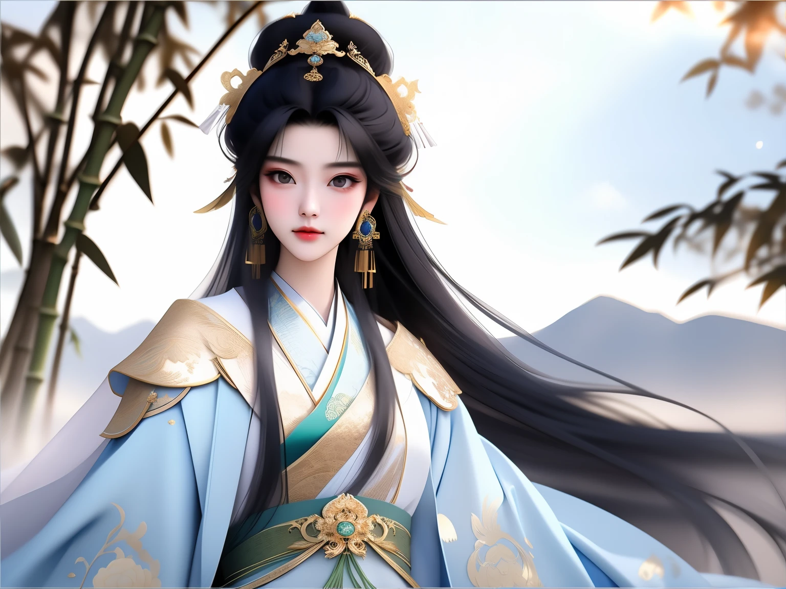 masterpiece,close up,Chinese classical style women,穿silk汉服的女孩,Gorgeous pale gold Hanfu,Antique beauty,Ink smudge,watercolor smudge,beautiful young woman,Dunhuang style,Long black hair spread out,上半身close up,Exquisite makeup,Chinese style,Beautiful rendering of the Tang Dynasty,Gorgeous gilt headdress,Burnt blue jade,Shawl,hanfu,Chinese costumes,bamboo forest,distant mountains,Clouds,silk,damask,splash ink,Exquisite details,Warm lighting,Light and shadow rendering,HD,Super gorgeous details, 16k high quality detail art