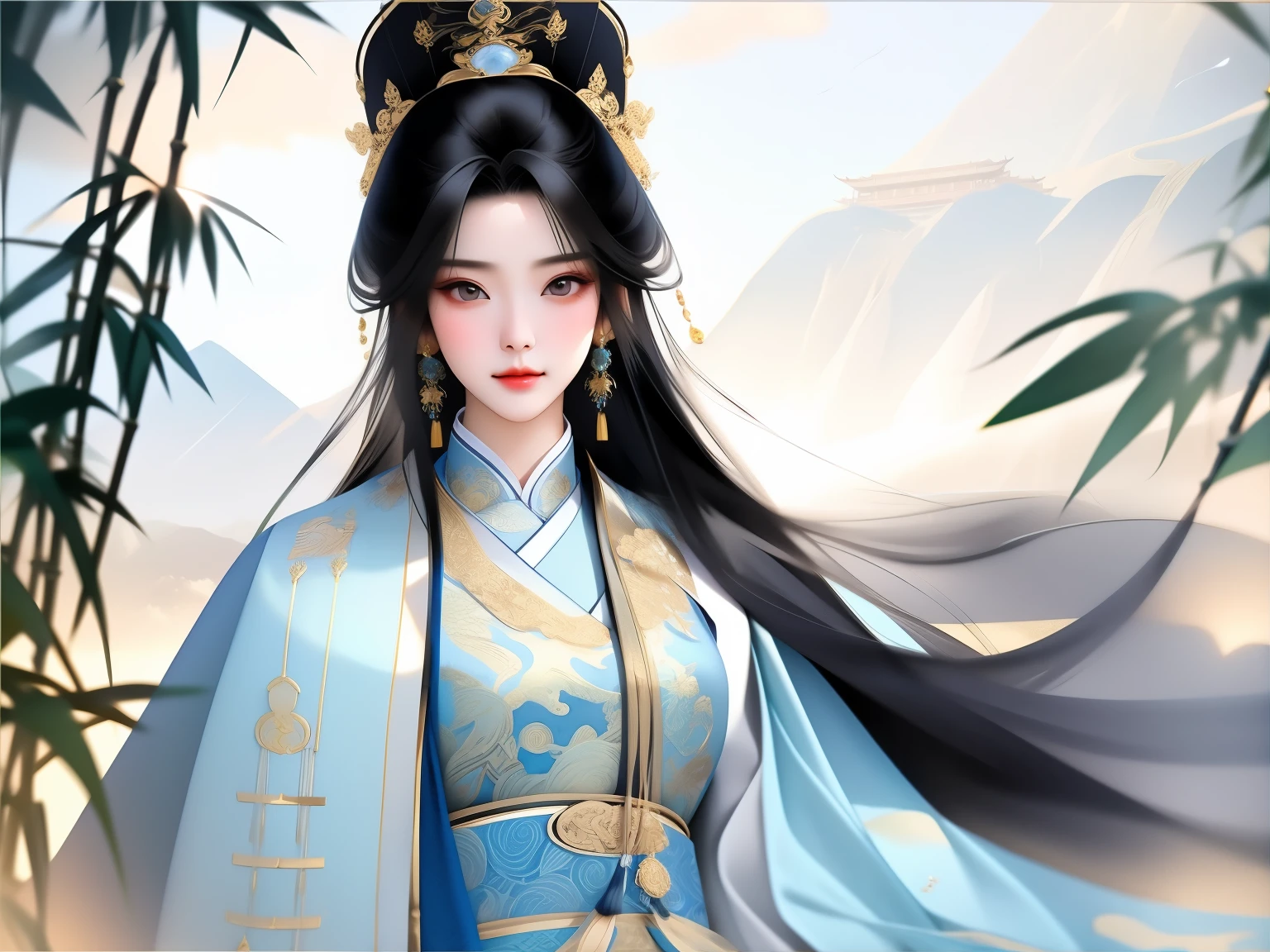 masterpiece,close up,Chinese classical style women,穿silk汉服的女孩,Gorgeous pale gold Hanfu,Antique beauty,Ink smudge,watercolor smudge,beautiful young woman,Dunhuang style,Long black hair spread out,上半身close up,Exquisite makeup,Chinese style,Beautiful rendering of the Tang Dynasty,Gorgeous gilt headdress,Burnt blue jade,Shawl,hanfu,Chinese costumes,bamboo forest,distant mountains,Clouds,silk,damask,splash ink,Exquisite details,Warm lighting,Light and shadow rendering,HD,Super gorgeous details, 16k high quality detail art