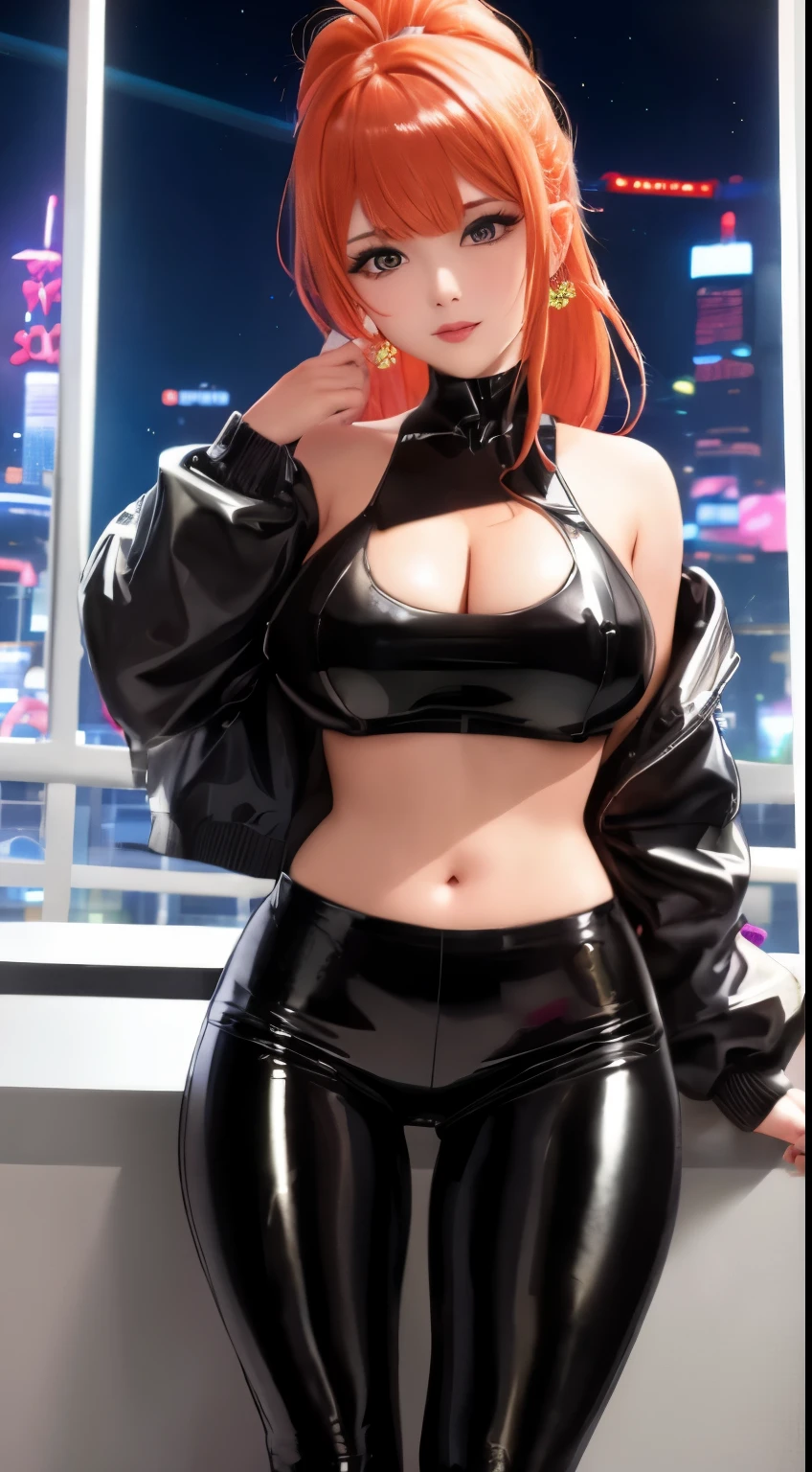 1 girl, (((bimbo))),earrings rings, plump lips, painted lips, thin lips. orange hair, Short ponytails, wide hips, thick thighs, latex tight pants, burst breasts Nightlife, night city, Cyberpunk-city, futuristic cityscape. neon lights, (skyscraper:1.1), tokyo tower, Palm tree, Fabric sign, flat stall, nightclub. Bright lights of the city, Exotic car. alcohol, There is, flat, soup stall ,alcohol bottles,