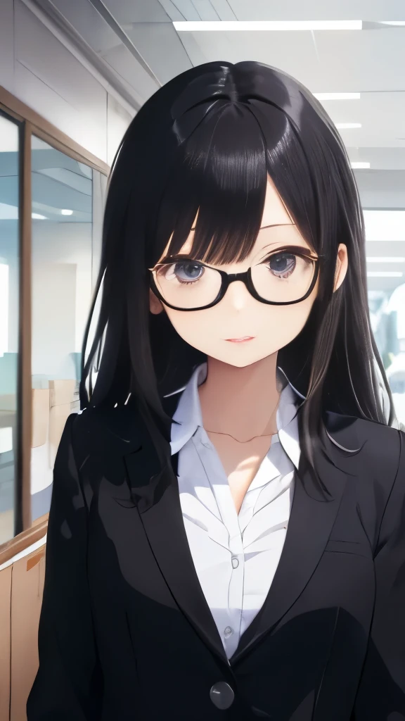 office lady、Wearing black glasses、beautiful、hair is black and long、eyes are big and clear、Serious woman、thin and slender、open chest