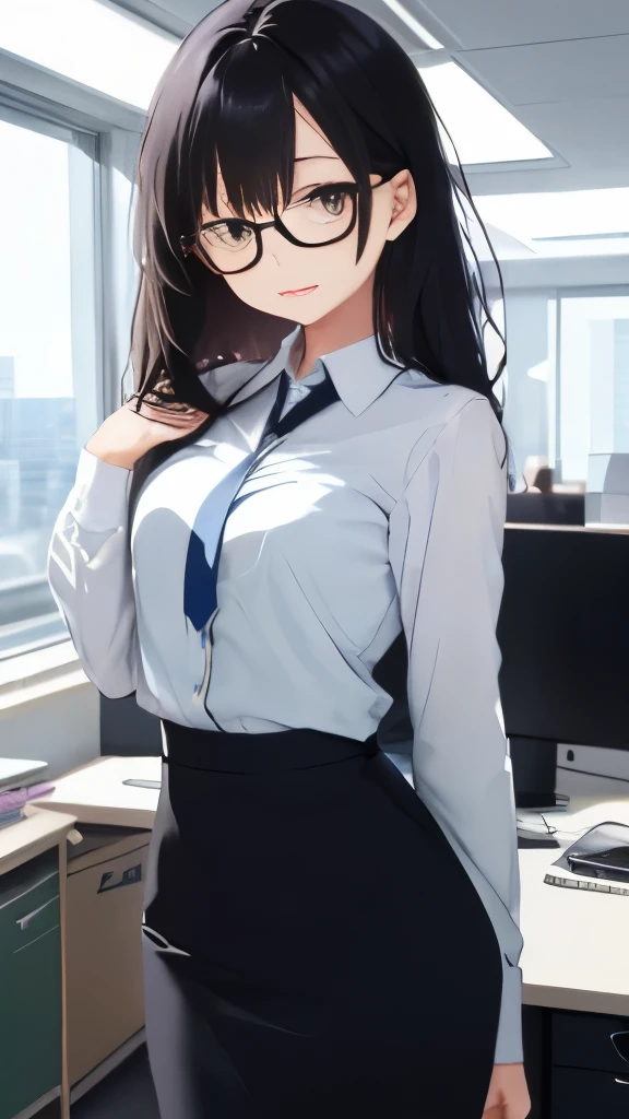 office lady、Wearing black glasses、beautiful、hair is black and long、eyes are big and clear、Serious woman、thin and slender、open chest