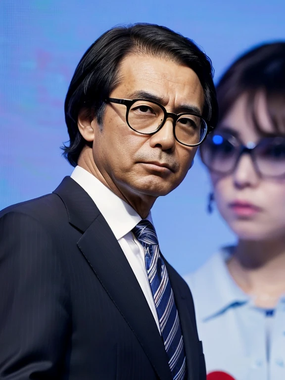 Remarks made at the Diet, Japanese, male, Uncle, suit figure, politician, wearing 3D glasses, serious expression, hair is black, short hair, Show your hair with Bond drawn on it