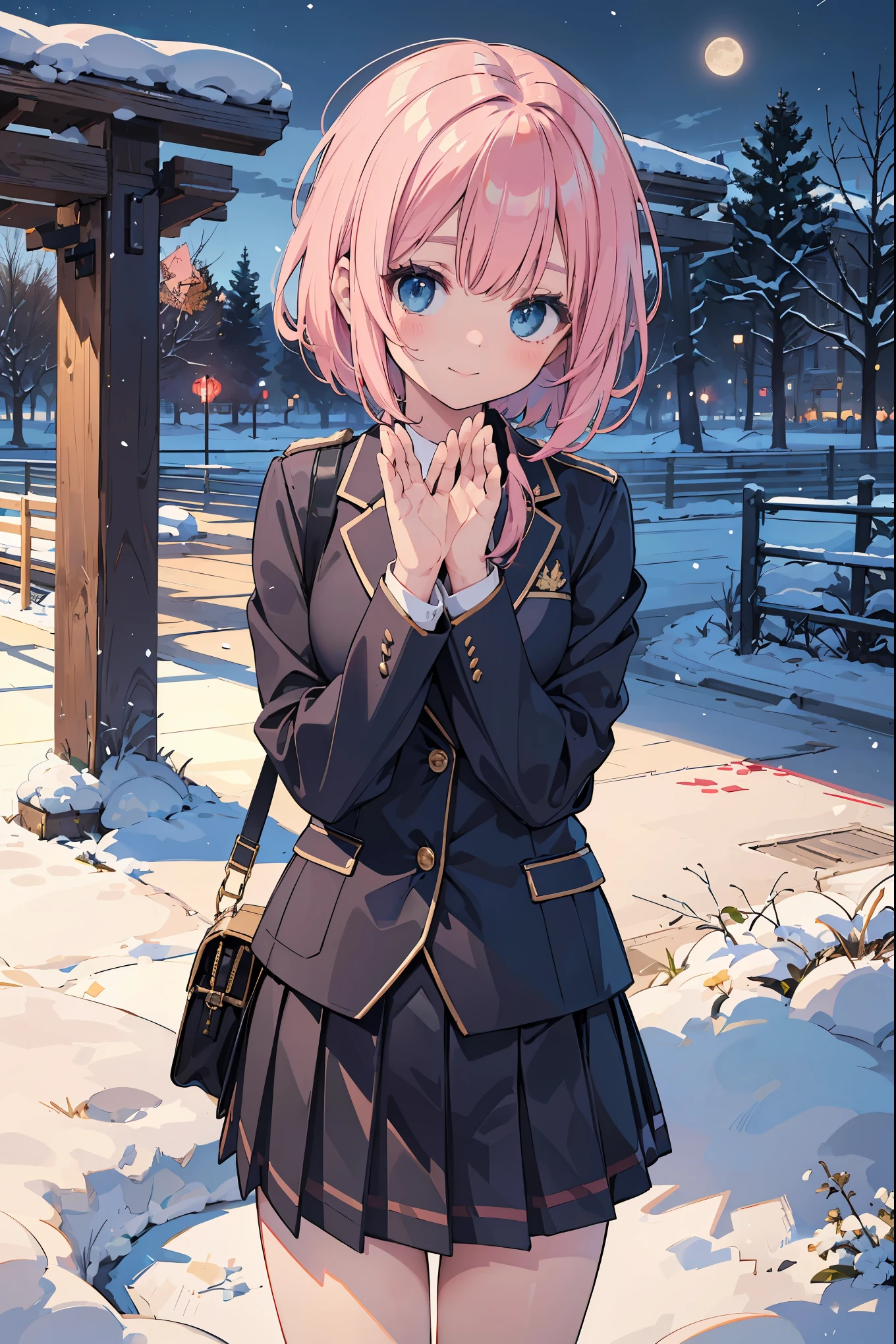 (superlative quality work by the Creator God: 1.4), (absolute resolution: 1.4), (greatest masterpiece by the God of Arts and Sciences: 1.4), (intricate, meticulously detailed and realistic materials and textures and light sources: 1.3), (perfect ???????: 1.2),

BREAK.

This illustration features a [((cute))):1.3] girl with [((pink))):0.9] hair in a one-length braided bob cut short hair. She is wearing a uniform from a well-known school where blazers are popular, with a deep gray blazer, white piping, and a fresh blue checked skirt. She is drawn to evoke realistic fabrics and textures, and the buttons on her blazer and pleats on her skirt are finely rendered. She is smiling and waving at the camera. The background is the school gate of her school, covered with [((white)):0.9] snow. The sky is [((blue)):0.9] clear and the moon is shining. This illustration shows the contrast and wonder of spring and winter.

BREAK

(Depth of field: 1.4), looking at the viewer, ((perfect pixels, 8K wallpaper )), one girl, single, alone, reincarnated appearance of Aphrodite, goddess of beauty, beauty of the highest order,

BREAK

Aphrodite's reincarnated appearance as a goddess of beauty, immense beauty, BREAK, super exquisite skin, (best lighting by a famous artist: 1.2), (charming poses acting instruction by a very famous master: 1.4), cute illustrations.