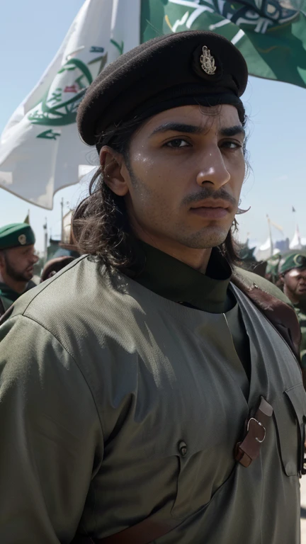 (masterpiece, photographic, best quality:1.3), powerful images capturing Arab soldiers in military uniform, (steely determination:1.2), gripping their weapons with authority, detailed facial expressions reflecting commitment, (national flags held high:1.1), fluttering in the breeze, immersive background showcasing military precision, vibrant color palette, high-resolution clarity, detailed composition, capturing the essence of Arab military pride, dynamic poses, a celebration of bravery within the armed forces.