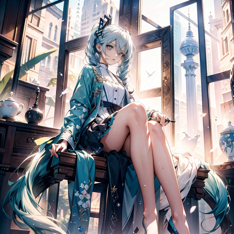 hatsune Miku、(ultra Realistic), (An illustration), (Highres), (8K), (highlydetailed), (the best illustration), (Beautiful Detailed Eyes), (beste Quality), (Super Detailed), (Master peace), (Wallpapers), (Detailed Face), solo, 1girl, Aristocratic dresses、White hair, Iris heterochromatic eyes, small moles under eye, medium chest, Long legs,Stunning composition,Foot braids,Beautiful and detailed legs
