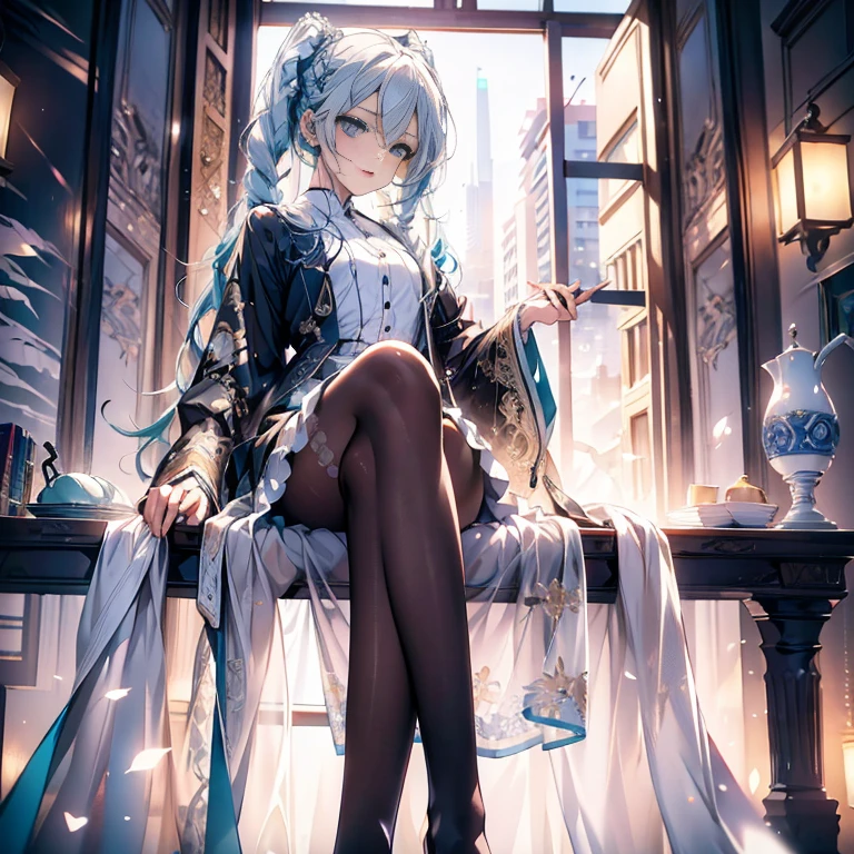 hatsune Miku、(ultra Realistic), (An illustration), (Highres), (8K), (highlydetailed), (the best illustration), (Beautiful Detailed Eyes), (beste Quality), (Super Detailed), (Master peace), (Wallpapers), (Detailed Face), solo, 1girl, Aristocratic dresses、White hair, Iris heterochromatic eyes, small moles under eye, medium chest, Long legs,Stunning composition,Foot braids,Beautiful and detailed legs