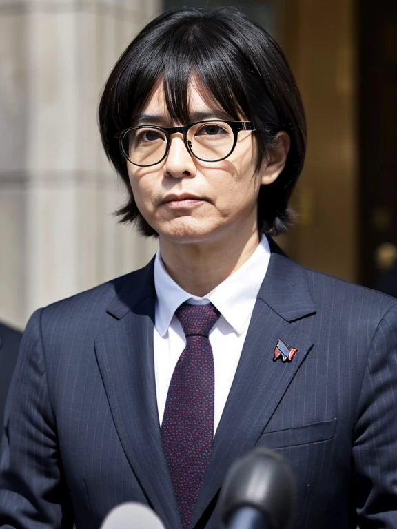 Remarks made at the Diet, Japanese, male, suit figure, politician, wearing 3D glasses, serious expression, hair is black, short hair, 