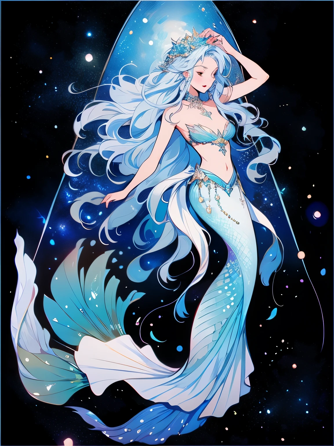 Mermaid with white hair and blue tail in the water, The stars are fish in the depths, sea goddess, jellyfish priestess, goddess in heaven, sea goddess, goddess of space and time, Astral ethereal, Astral Fairy, in the astral plane ) ) ), space goddess, Faeries&#39; Moonlight Dance, Mermaid,light particle rendering，