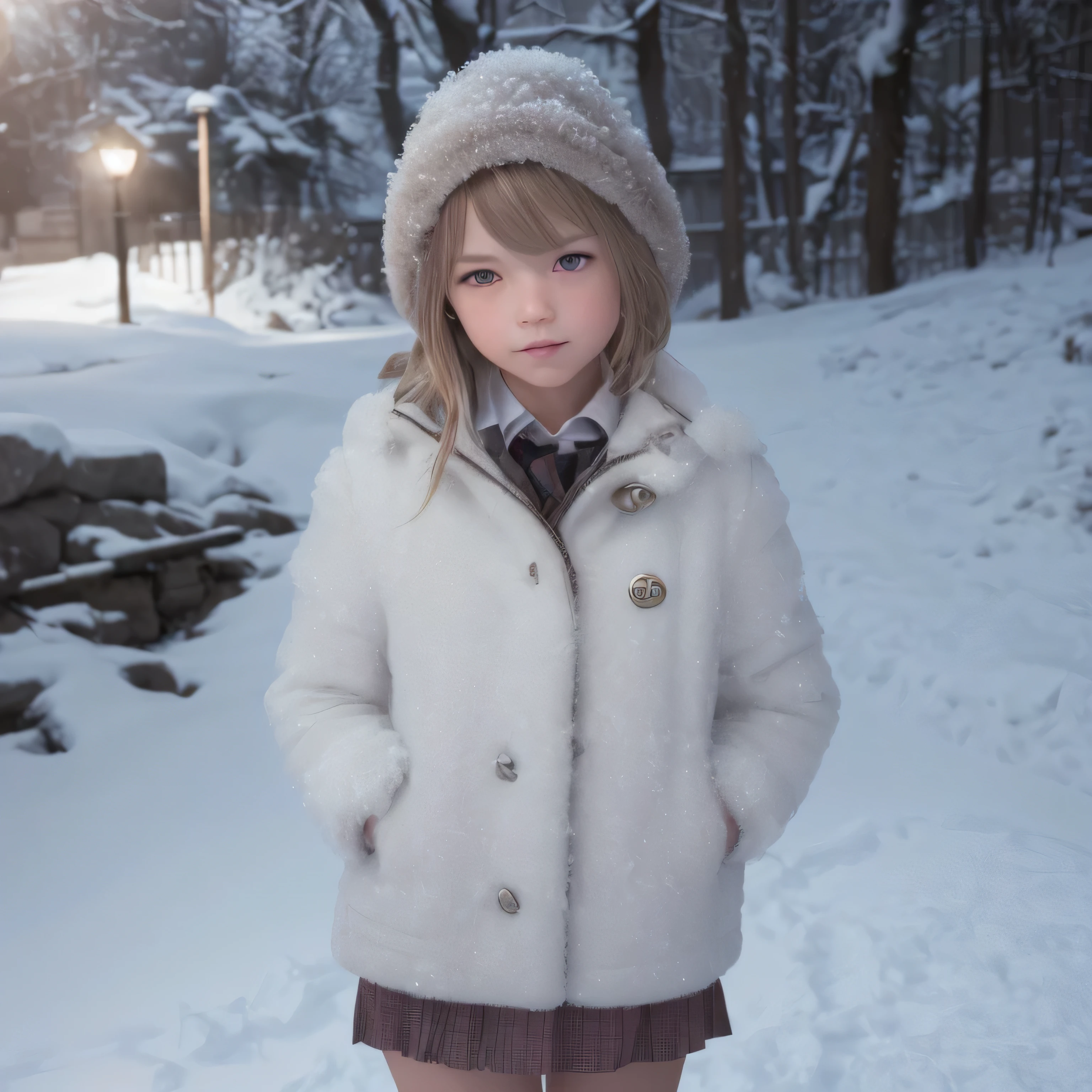 (raw photo: 1.2), (photorealistic: 1.4), (best quality: 1.4), (ultra highres: 1.2), (highly detailed: 1.3), (HDR: 1.2), (cinematic lighting: 1.3), (detailed eyes), (detailed facial features), (detailed fur), (snowy background: 1.2), blonde , standing pose, (body portrait 3/4: 1.2)