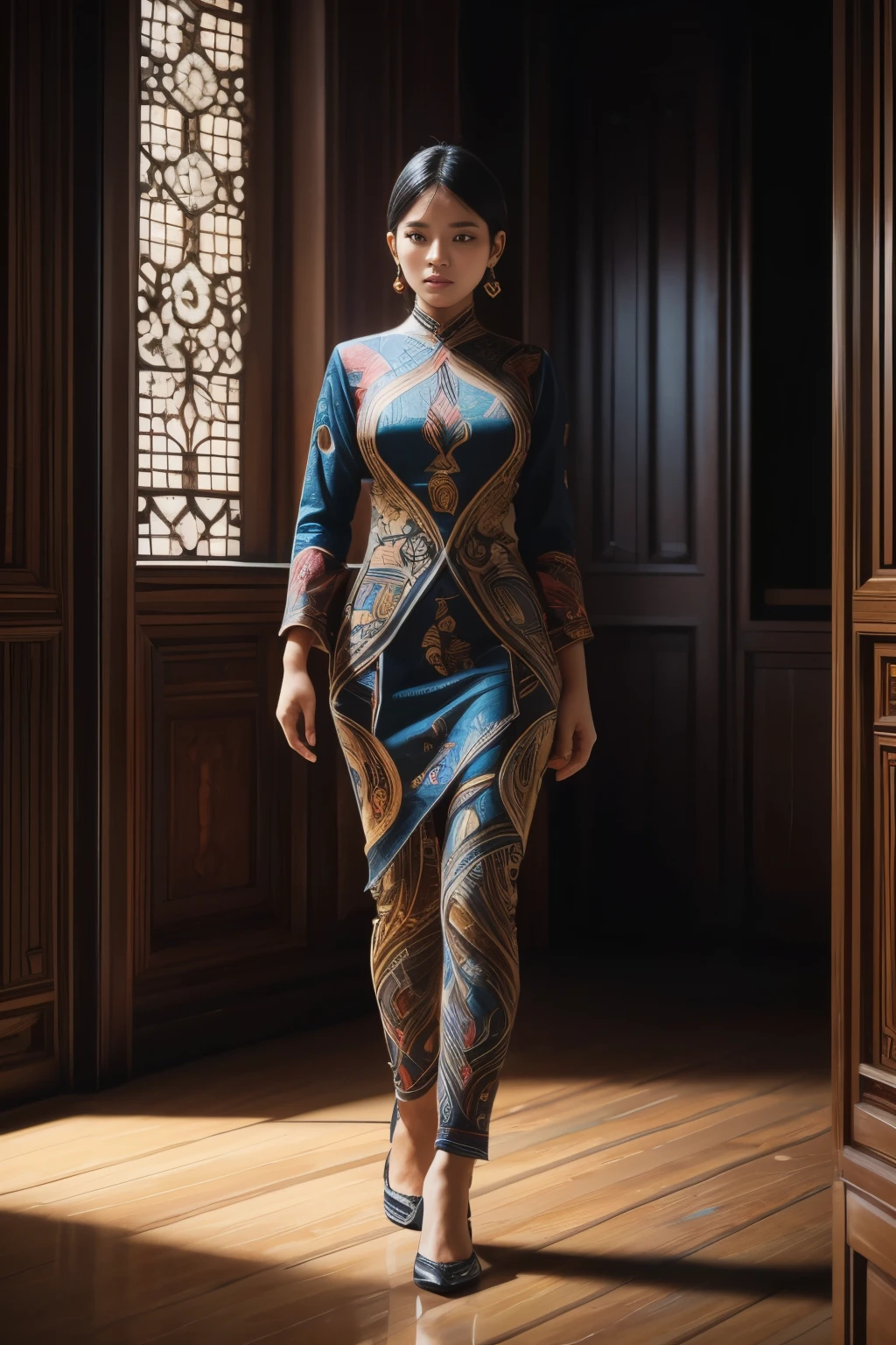 An Indonesian-styled futuristic suit worn by a girl depicting cultural fusion and modern fashion. The suit is adorned with intricate patterns and vibrant colors, showcasing the rich heritage of Indonesia. The girl stands confidently in a dynamic pose, with her detailed eyes reflecting determination and curiosity. The suit's material is a combination of traditional textiles and futuristic synthetic fabrics, giving it a unique and avant-garde appearance. The overall image quality is of the highest standard, with sharp focus and ultra-detailed rendering. The artwork employs physically-based rendering techniques, resulting in realistic lighting and shadows. The colors are vivid and vibrant, capturing the essence of Indonesian cultural aesthetics. The background features a fusion of modern architecture and traditional elements, creating a harmonious blend of the past and the future. The prompt explores the intersection of Indonesian culture, futuristic design, and the artistic representation of a confident girl.