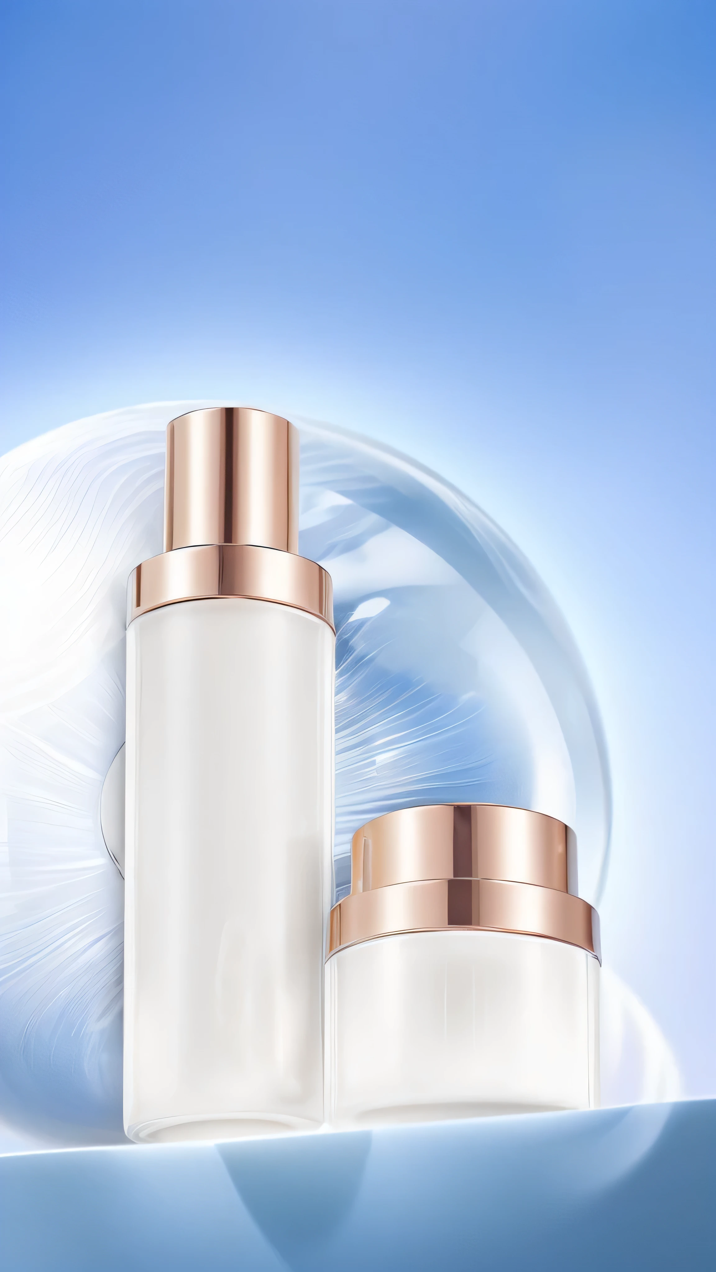 Close-up of a bottle of cream and a cream container, skin care, skin care, Exquisite details, Stylish design, Clear and smooth lines, close portrait, High quality theme rendering, Bubbling skin, Art Deco, Original and simple design, Dewy skin, clean and pristine design, transparent, energetic, glowing skin, wide portrait, near angle, vintage glow