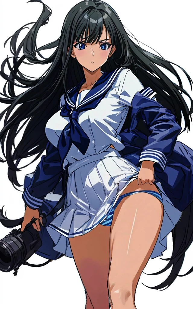 A beautiful woman with long, shoulder-length black hair, big breasts, beautiful legs, and a sharp face is facing off against a middle-aged office worker wearing a sailor uniform with a white miniskirt, showing light blue and blue striped panties. Masu。