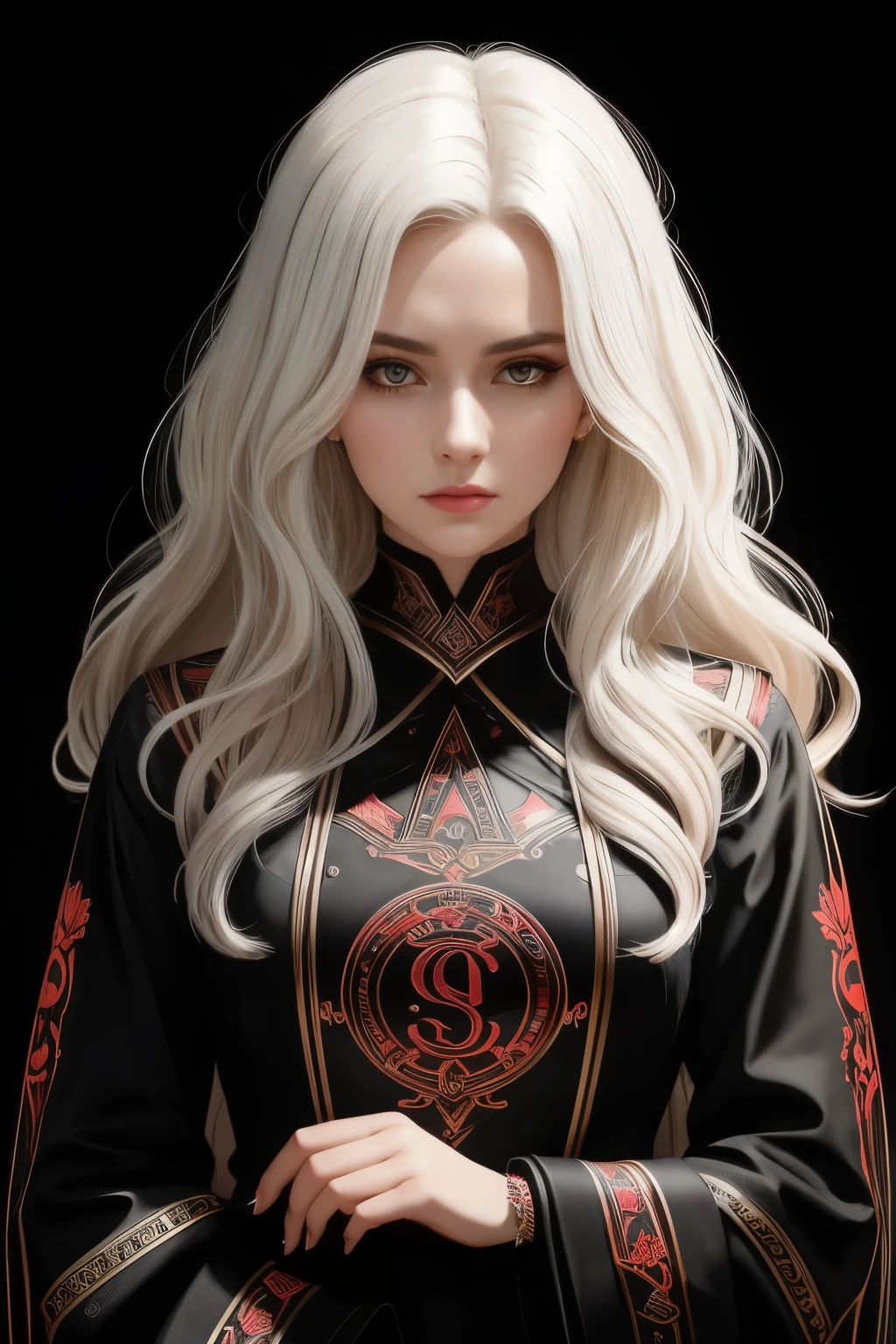 Portrait of a beautiful girl with wavy white hair, wearing a formal black dress with metal parts, red eyes, monograms in the background, digital painting, dark colors, 8k, complex details, vintage, retro futuristic style, sharp focus on the center, pastel colors, art station, (sci-fi, future, future theme), (facial expression looking with disdain), (detailed illustration)