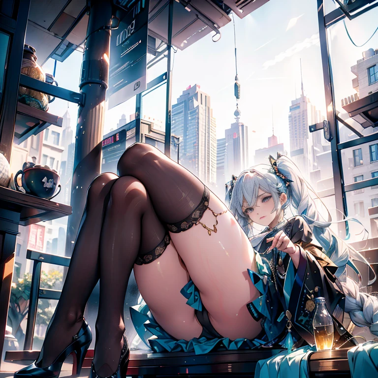 hatsune Miku、(ultra Realistic), (An illustration), (Highres), (8K), (highlydetailed), (the best illustration), (Beautiful Detailed Eyes), (beste Quality), (Super Detailed), (Master peace), (Wallpapers), (Detailed Face), solo, 1girl, Aristocratic dresses、White hair, Iris heterochromatic eyes, small moles under eye, medium chest, Long legs,Stunning composition,Foot braids,Beautiful and detailed legs