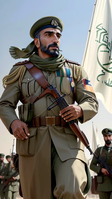 (masterpiece, photographic, best quality:1.3), powerful images capturing Arab soldiers in military uniform, (steely determination:1.2), gripping their weapons with authority, detailed facial expressions reflecting commitment, (national flags held high:1.1), fluttering in the breeze, immersive background showcasing military precision, vibrant color palette, high-resolution clarity, detailed composition, capturing the essence of Arab military pride, dynamic poses, a celebration of bravery within the armed forces.