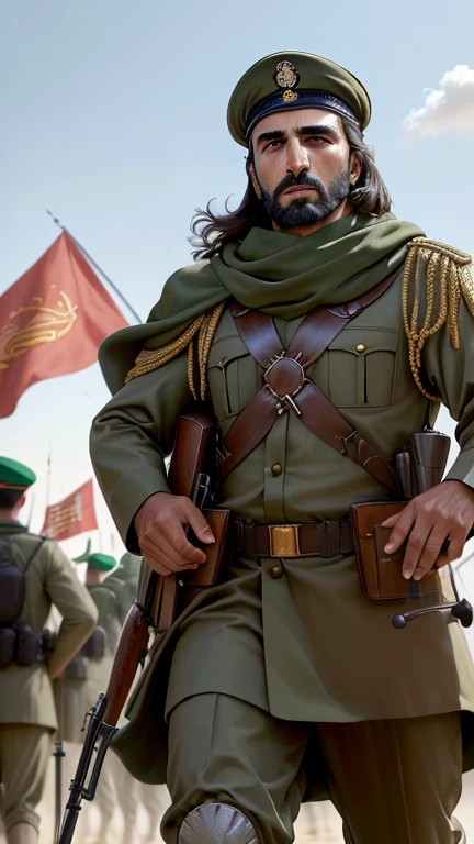 (masterpiece, photographic, best quality:1.3), powerful images capturing Arab soldiers in military uniform, (steely determination:1.2), gripping their weapons with authority, detailed facial expressions reflecting commitment, (national flags held high:1.1), fluttering in the breeze, immersive background showcasing military precision, vibrant color palette, high-resolution clarity, detailed composition, capturing the essence of Arab military pride, dynamic poses, a celebration of bravery within the armed forces.