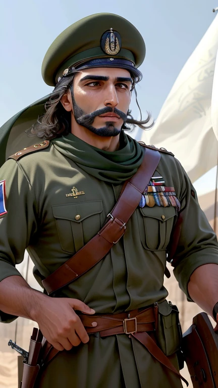 (masterpiece, photographic, best quality:1.3), powerful images capturing Arab soldiers in military uniform, (steely determination:1.2), gripping their weapons with authority, detailed facial expressions reflecting commitment, (national flags held high:1.1), fluttering in the breeze, immersive background showcasing military precision, vibrant color palette, high-resolution clarity, detailed composition, capturing the essence of Arab military pride, dynamic poses, a celebration of bravery within the armed forces.