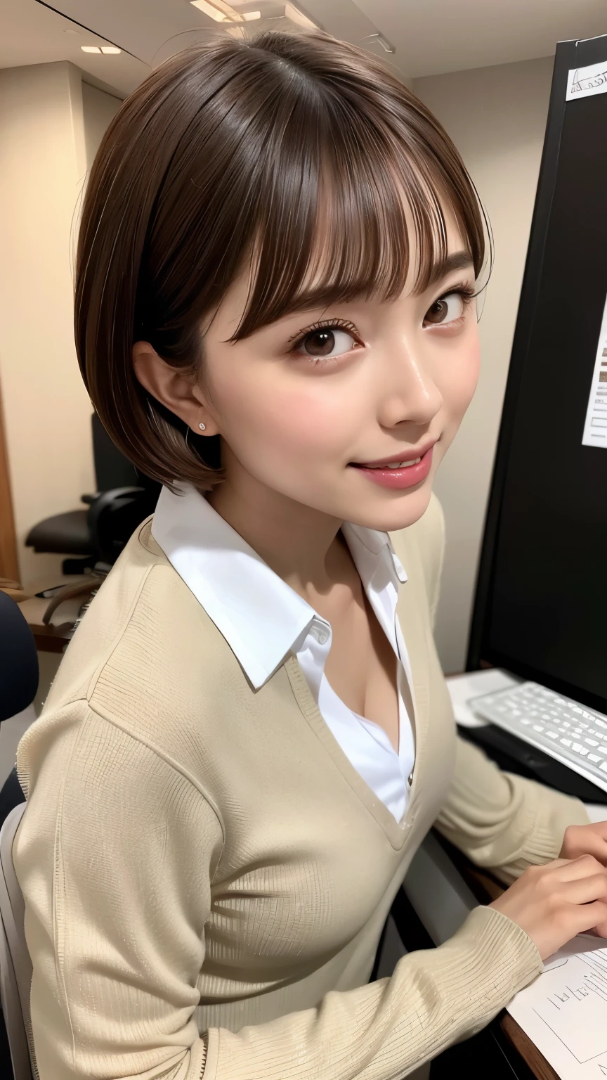 Light brown shorthair、Beautiful woman with white skin、Beautiful symmetrical face、Please look closely at the camera、Please show your ears、cute smile、beautiful teeth、beautiful teeth alignment、Shorthair that feels movement、hair between eyes、crossed bangs、{huge|big|hugeな|mega} Beautiful woman、Beautiful supermodel with a small face、very tall supermodel、Supermodel with a long neck、Show off your beautiful décolleté、Tilt your neck slightly to the right、Tilt the body slightly to the left、Very beautiful smile、Iridescent very artistic fine technique brush paint background、Beautiful woman full of very adult charm、Being in the company、desk、computer、document、office casual uniform、accessories、Foliage plant、Thin silver-rimmed glasses、adult woman、((whole body、from the knees up、real、High-quality photos、side shot))