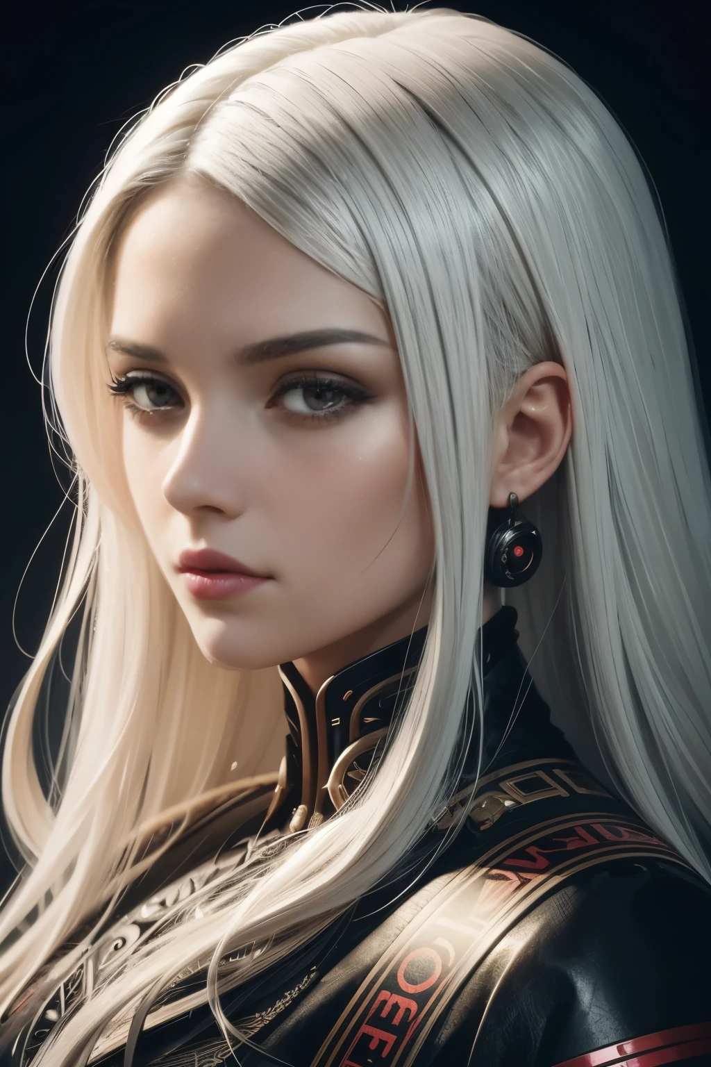 Portrait of a beautiful girl with wavy white hair, wearing a formal black dress with metal parts, red eyes, monograms in the background, digital painting, dark colors, 8k, complex details, vintage, retro futuristic style, sharp focus on the center, pastel colors, art station, (sci-fi, future, future theme), (facial expression looking with disdain), (detailed illustration)