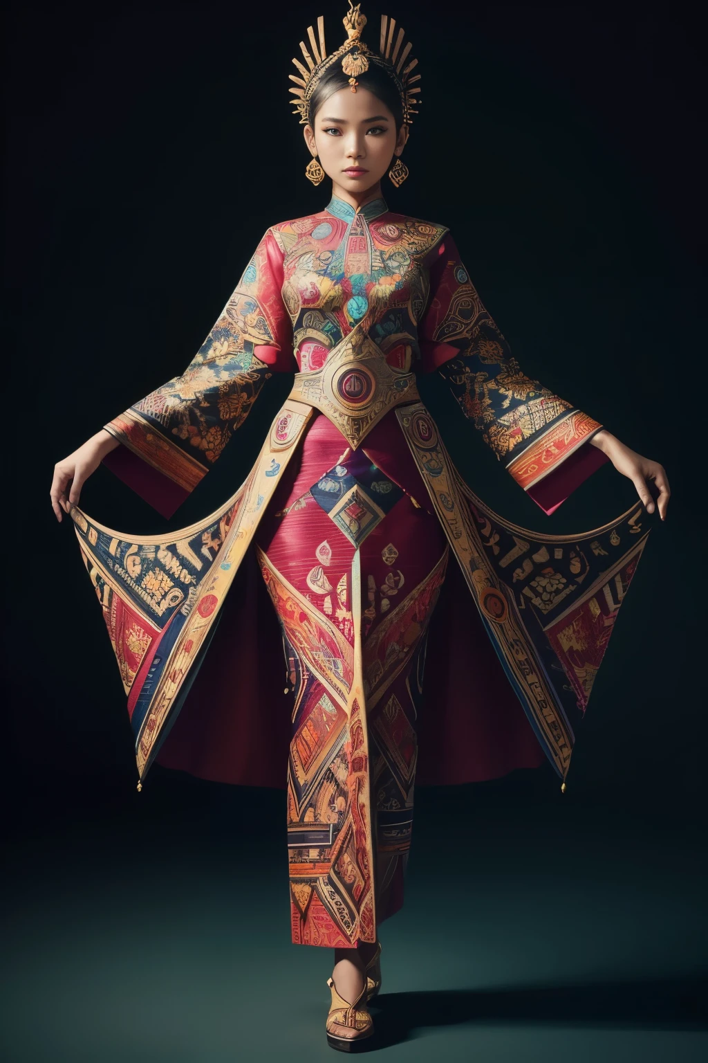 An Indonesian-styled futuristic suit worn by a girl depicting cultural fusion and modern fashion. The suit is adorned with intricate patterns and vibrant colors, showcasing the rich heritage of Indonesia. The girl stands confidently in a dynamic pose, with her detailed eyes reflecting determination and curiosity. The suit's material is a combination of traditional textiles and futuristic synthetic fabrics, giving it a unique and avant-garde appearance. The overall image quality is of the highest standard, with sharp focus and ultra-detailed rendering. The artwork employs physically-based rendering techniques, resulting in realistic lighting and shadows. The colors are vivid and vibrant, capturing the essence of Indonesian cultural aesthetics. The background features a fusion of modern architecture and traditional elements, creating a harmonious blend of the past and the future. The prompt explores the intersection of Indonesian culture, futuristic design, and the artistic representation of a confident girl.