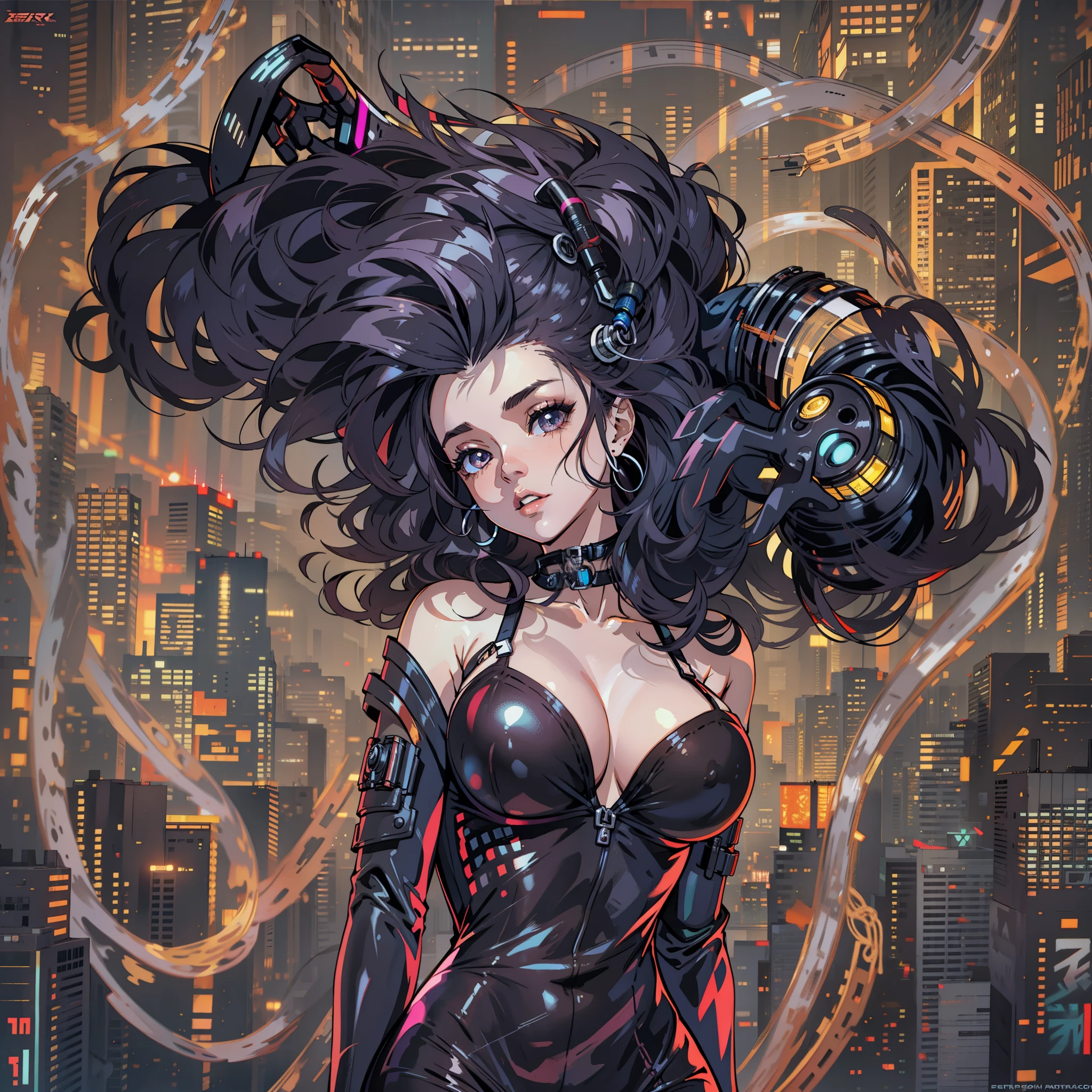 garota magra, branca, black hair curled and shabby, pose muito sensual, Beleza perfeita, Olhos bonitos　Glossy Lips,  seios muito pequenos aparecendo, mostrando os pequenos seios, cyberpunk