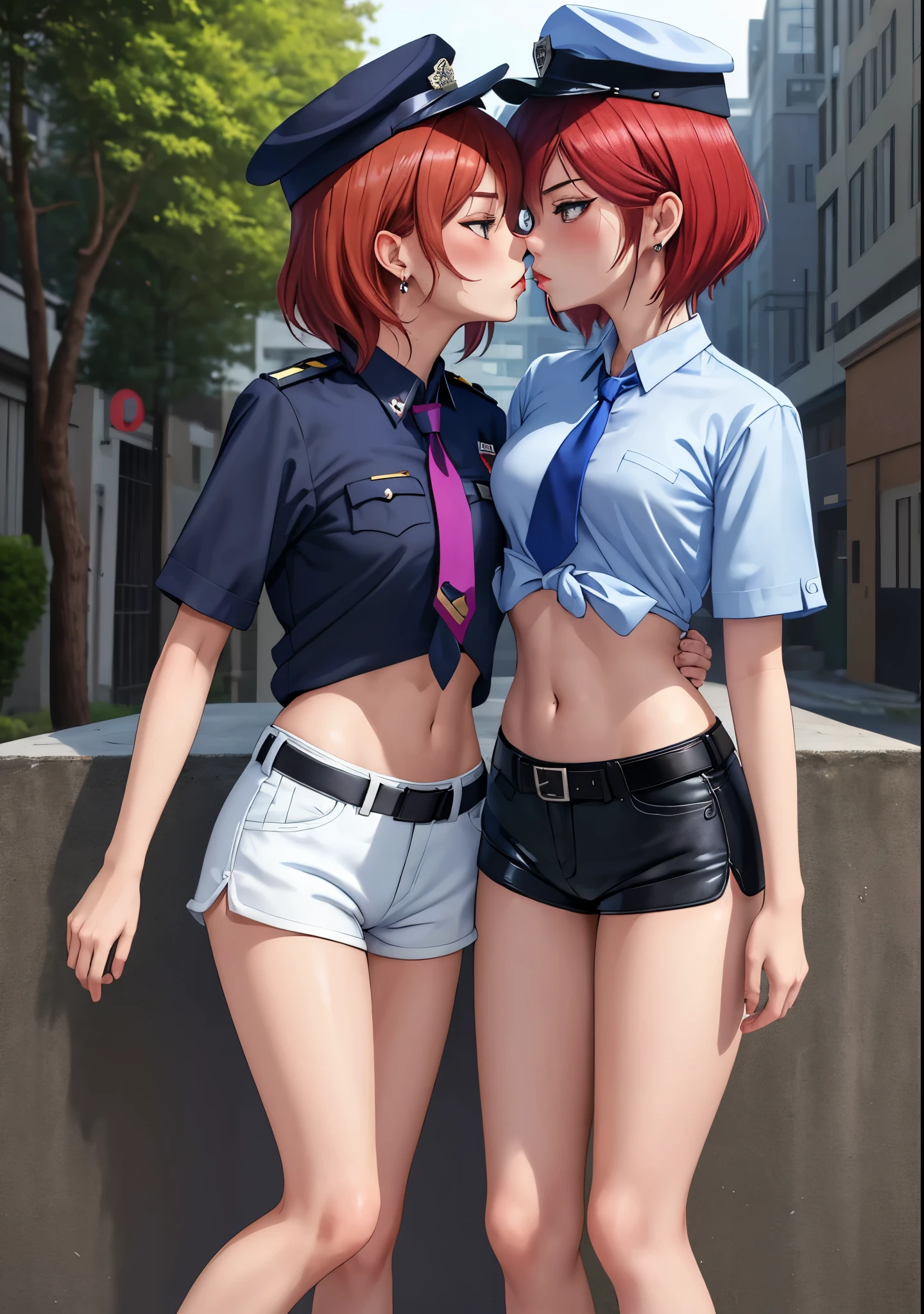 Masterpiece, best quality, detailed face,2girls,hig ,kiss,Nishikino maki, short hair, blue shirt,half sleeves, necktie,earrings, black belt, tight white low shorts, midriff, standing,  police cap,in street, toned stomach, looking at viewer, serious face