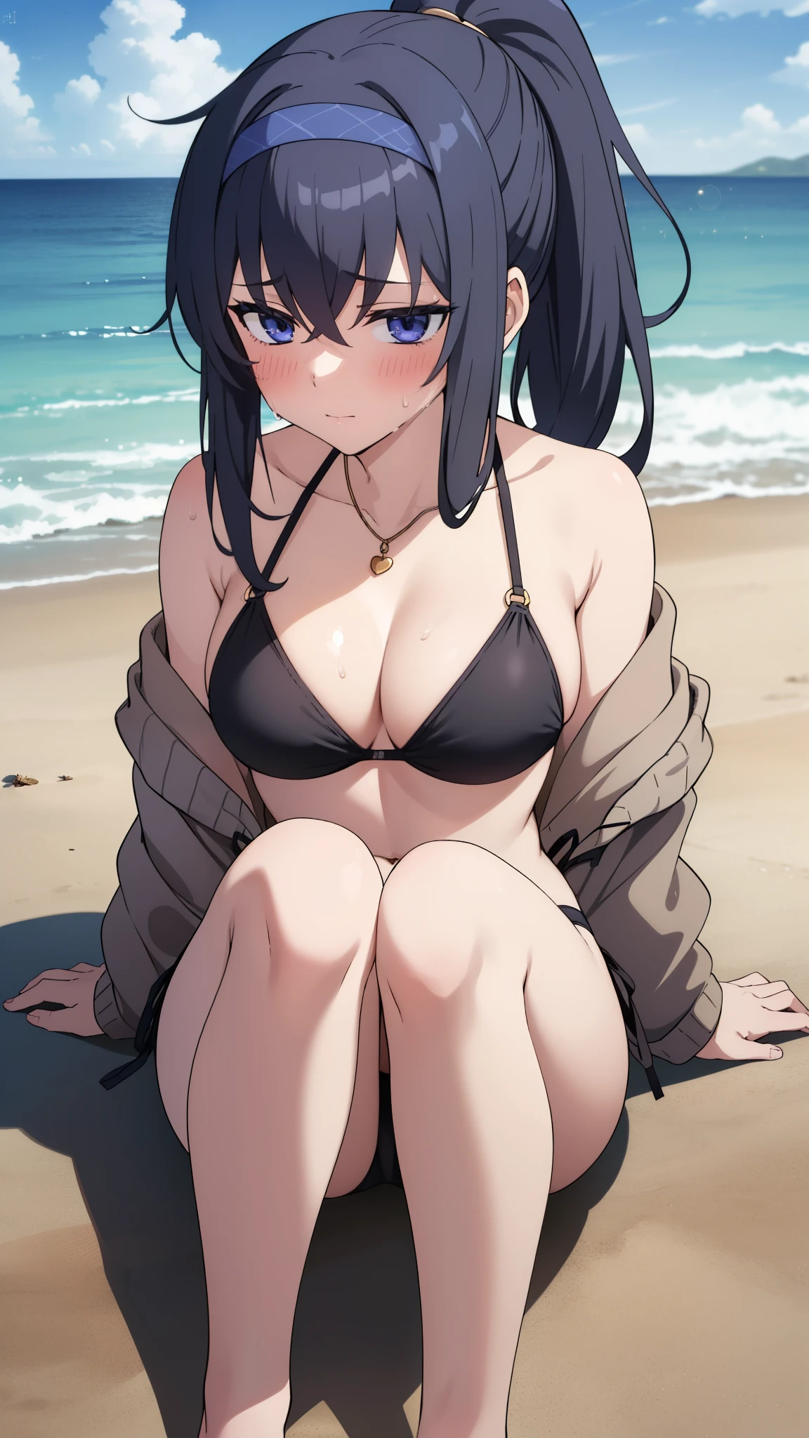 1girl,dark circles,Kozeki Ui,shaded,((black bikini)),blush,heavy breathing,steam,cleavage,((high ponytail)),pendant,sweating,bellybuttom,jacket half off shoulder,on beach,((Sitting on the floor holding your knees)),legs,bare legs,feet,five toes