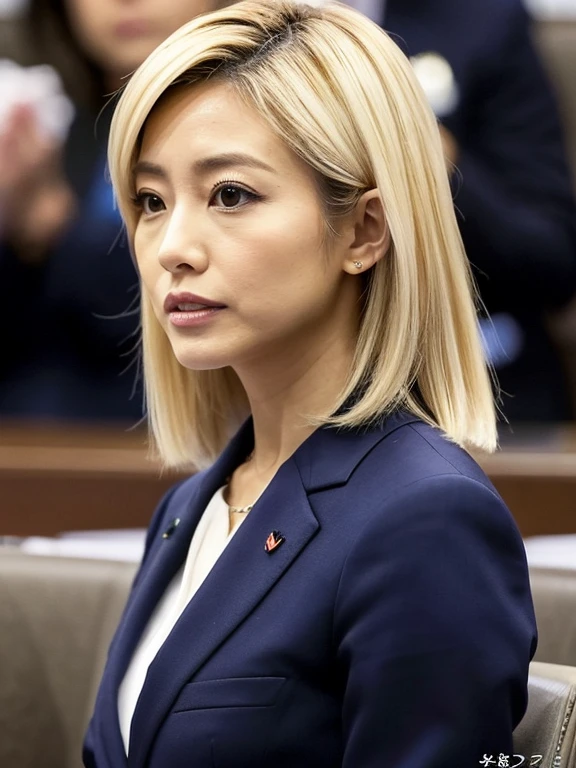 Remarks made at the Diet, Japanese, female, suit figure, politician, gal, hair is blonde, Heavy makeup,