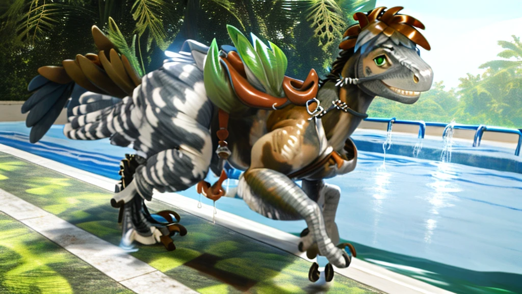Ultra high resolution, best quality, masterpiece, extremely detailed raw photograph, (half transformation), male human shiny smooth polyvinyl feathered deinonychus velociraptor mount inflatable fursuit hybridization metamorphosis, in gymnasium pool at night, (half human), wearing riding saddle bridle and harness, (green:1.9) (gray:1.5) (brown:1.8) (spots:1.1) (stripes:1.1), ((liquid polyvinyl goo partial dripping encasement)), male human feathered velociraptor mount inflatable polyvinyl fursuit hybrid, front zipper, plastic handlebars, air valve nozzle