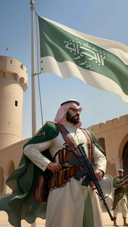 (masterpiece, photographic, best quality:1.3), stunning visuals capturing the Saudi Arabian military stronghold, (imposing fortress architecture:1.2), detailed depictions of soldiers in full gear, weapons at the ready, (national flag towering high:1.1), unfurling proudly against the sky, immersive background showcasing a military stronghold, vibrant color palette, high-resolution clarity, detailed composition, capturing the essence of Saudi Arabian military might, dynamic poses, a celebration of strength and preparedness.