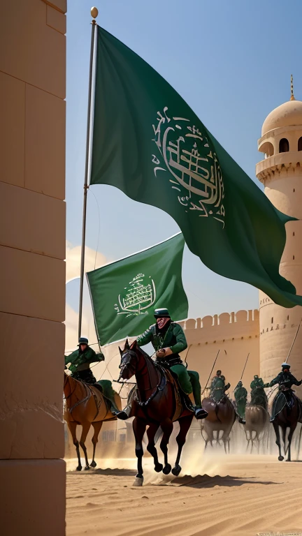 (masterpiece, photographic, best quality:1.3), stunning visuals capturing the Saudi Arabian military stronghold, (imposing fortress architecture:1.2), detailed depictions of soldiers in full gear, weapons at the ready, (national flag towering high:1.1), unfurling proudly against the sky, immersive background showcasing a military stronghold, vibrant color palette, high-resolution clarity, detailed composition, capturing the essence of Saudi Arabian military might, dynamic poses, a celebration of strength and preparedness.