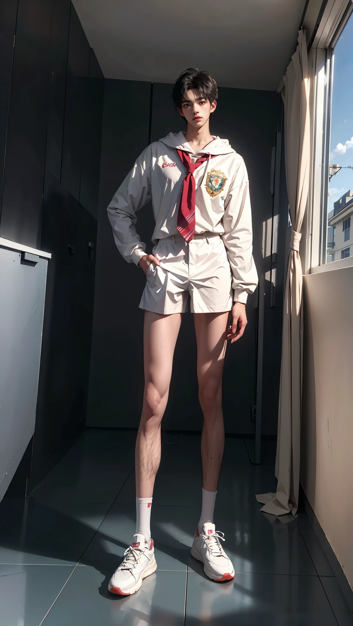 Two dimensions,in the bathroom,18 year old boy,tall,front shot,super tall guy,broad shoulders,(muscular),bodybuilding,sports student,Leg length,perfect body proportions,2m height,boys school uniform,Casual shoes,gradient color,black hair,The face is delicate and delicate,Perfect facial features blush,happy,8k realistic style,一个人in the bathroom洗澡,Bubbles,masterpiece,best quality,Ray tracing
