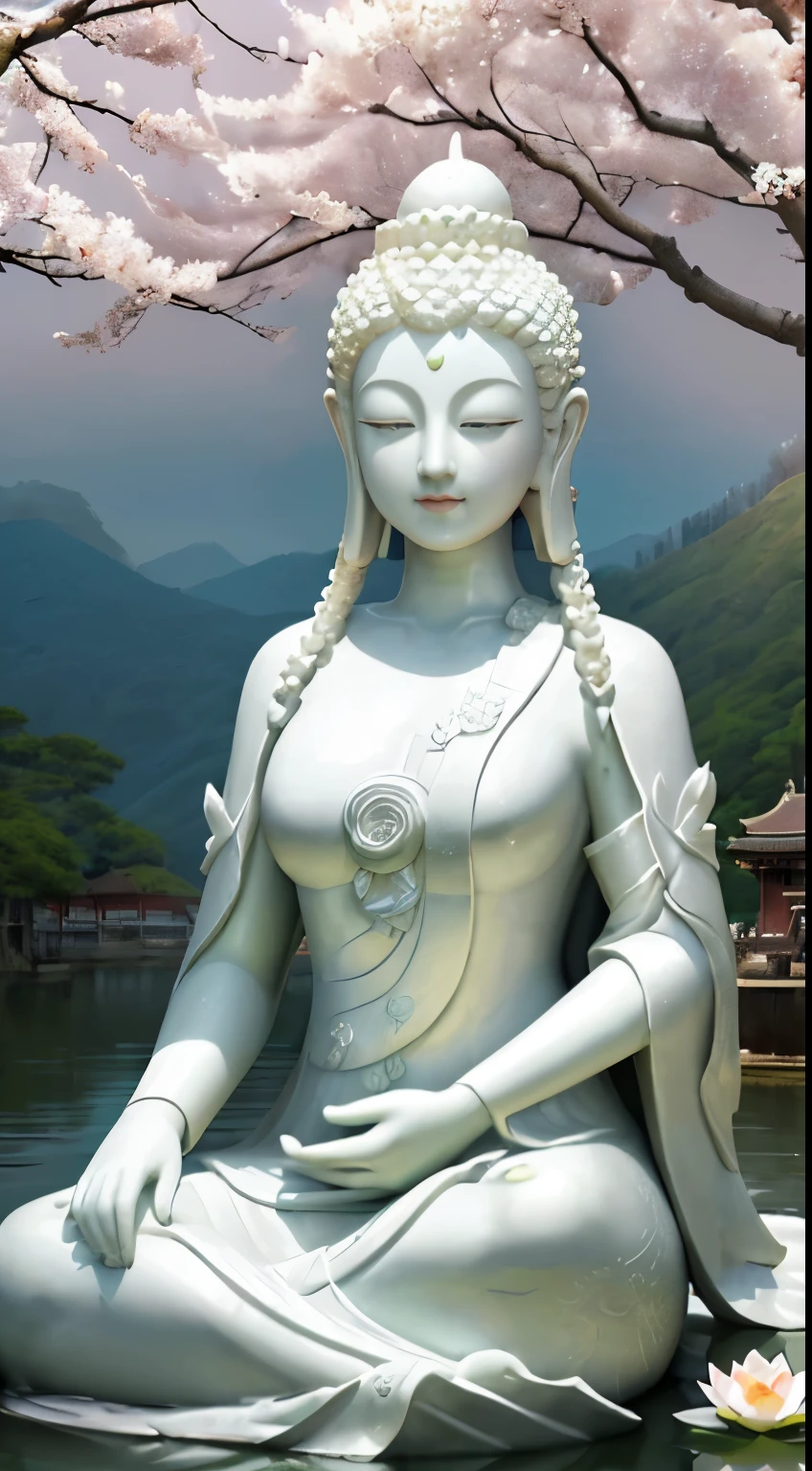 (masterpiece),(highest quality),(super detailed), (Buddha statue), (body:1.2), 1 guanyin, guanyin, One, Hand Cloth, cross One's hands, put your hands together, bright white, floating in a powerful zen state, with lotus flowers, white skin, Amitayus,  sitting on a lotus flower, Holding hands and chanting the Buddha's name, huge moon, temple, Wearing clothes, white skin, round face, kind, kind, look, Mountain, wood, cherry blossoms, forest, bird, cloud, dew, green, white skin, white pink, (beautiful detailed face), (surrealism), (close your eyes),