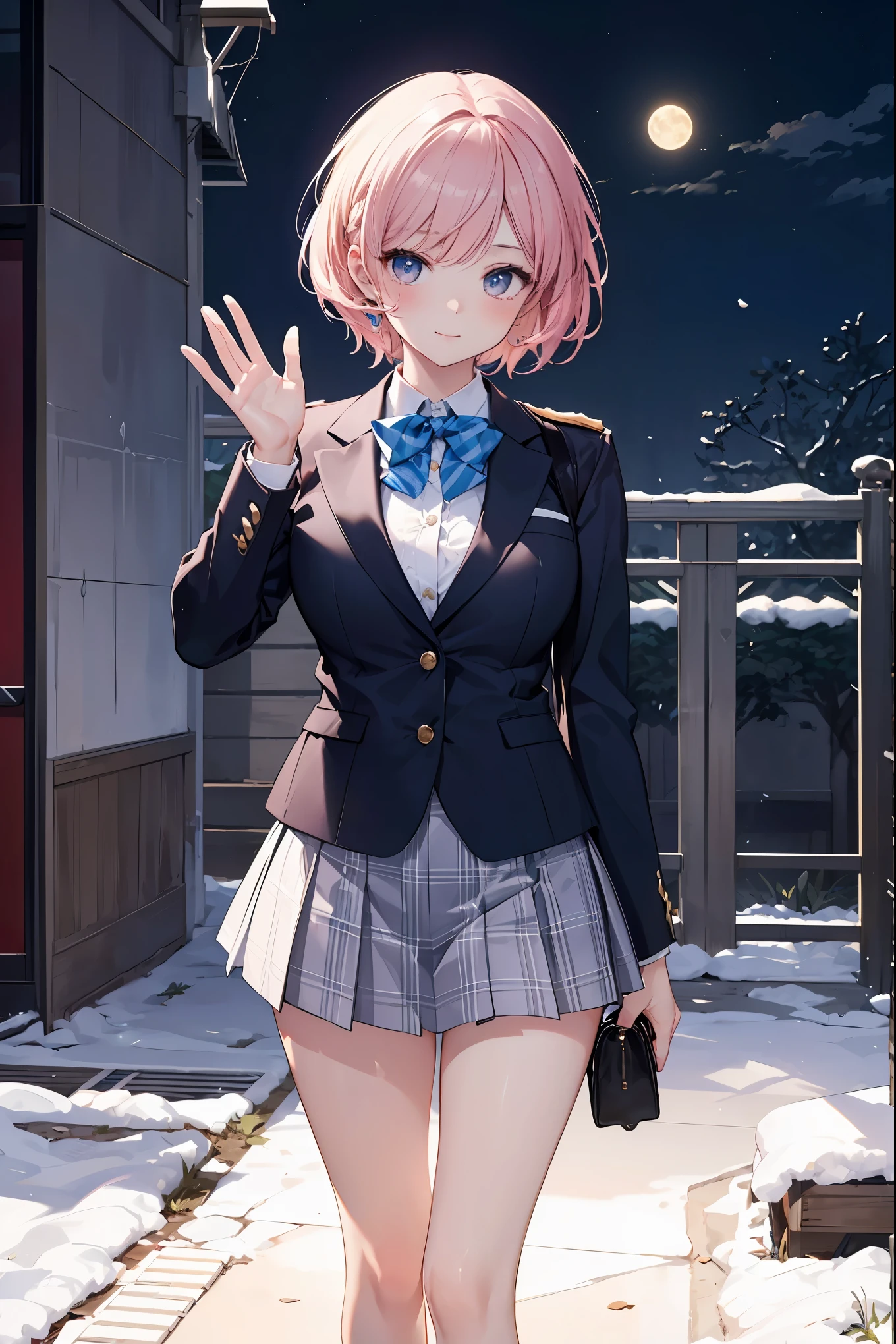 (superlative quality work by the Creator God: 1.4), (absolute resolution: 1.4), (greatest masterpiece by the God of Arts and Sciences: 1.4), (intricate, meticulously detailed and realistic materials and textures and light sources: 1.3), (perfect anatomy: 1.2),

BREAK.

This illustration features a [((cute))):1.3] girl with [((pink))):0.9] hair in a one-length braided bob cut short hair. She is wearing a uniform from a well-known school where blazers are popular, with a deep gray blazer, white piping, and a fresh blue checked skirt. She is drawn to evoke realistic fabrics and textures, and the buttons on her blazer and pleats on her skirt are finely rendered. She is smiling and waving at the camera. The background is the school gate of her school, covered with [((white)):0.9] snow. The sky is [((blue)):0.9] clear and the moon is shining. This illustration shows the contrast and wonder of spring and winter.

BREAK

(Depth of field: 1.4), looking at the viewer, ((perfect pixels, 8K wallpaper )), one girl, single, alone, reincarnated appearance of Aphrodite, goddess of beauty, beauty of the highest order,

BREAK

Aphrodite's reincarnated appearance as a goddess of beauty, immense beauty, BREAK, super exquisite skin, (best lighting by a famous artist: 1.2), (charming poses acting instruction by a very famous master: 1.4), cute illustrations.